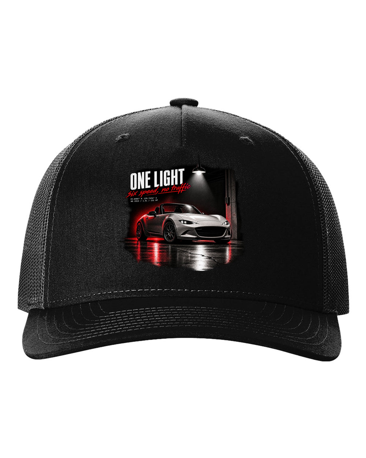 Garage night print for the 2015 Mazda MX-5 ND with 1.5L, 131 HP and six-speed lettering black hat front view with the design