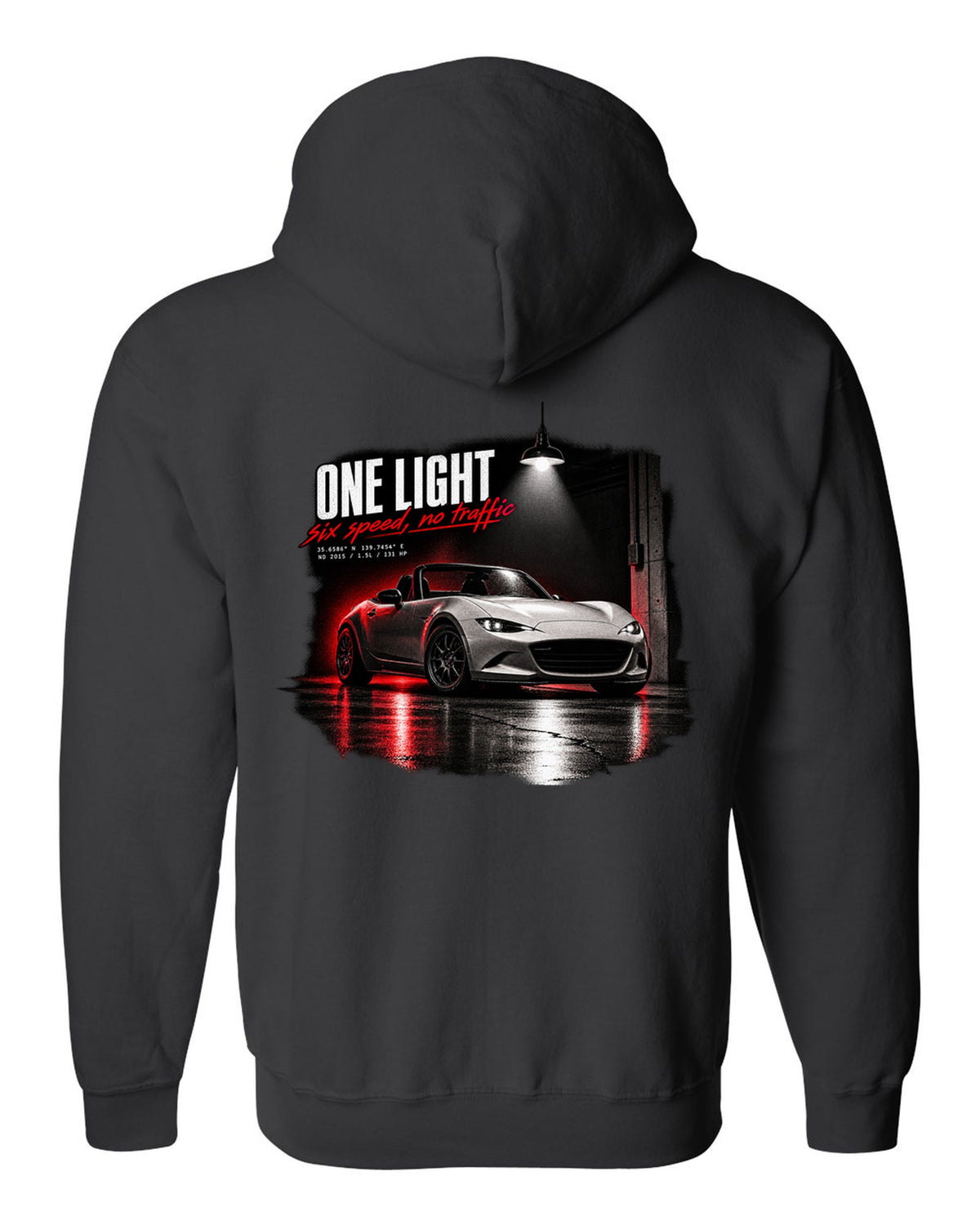 Garage night print for the 2015 Mazda MX-5 ND with 1.5L, 131 HP and six-speed lettering black zip hoodie back view with the design