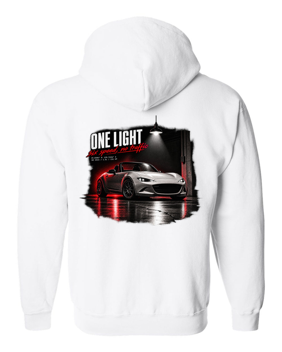 Garage night print for the 2015 Mazda MX-5 ND with 1.5L, 131 HP and six-speed lettering white zip hoodie back view with the design