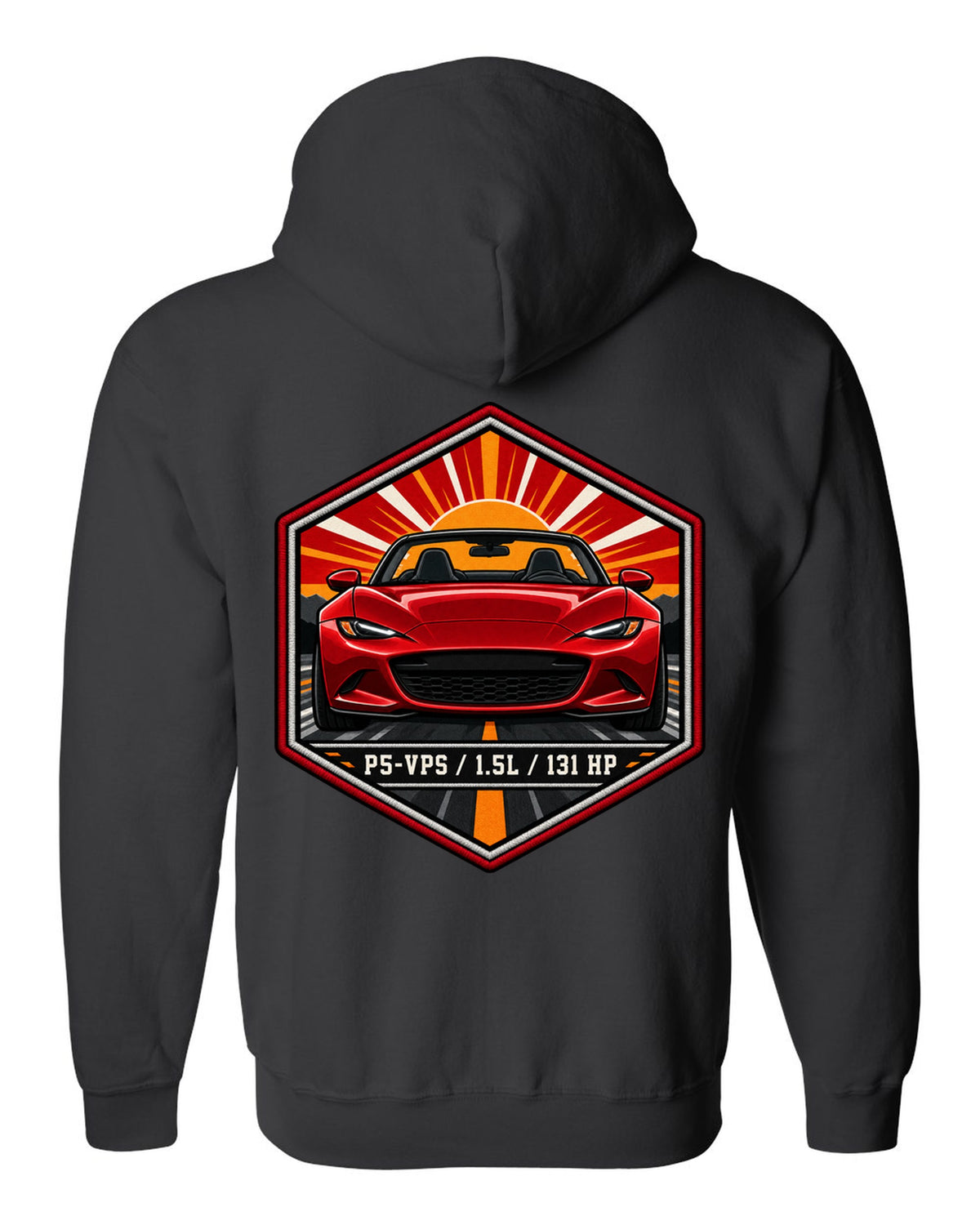 Embroidery-style hex crest of a Mazda MX-5 ND with P5-VPS 1.5L 131 HP text black zip hoodie back view with the design