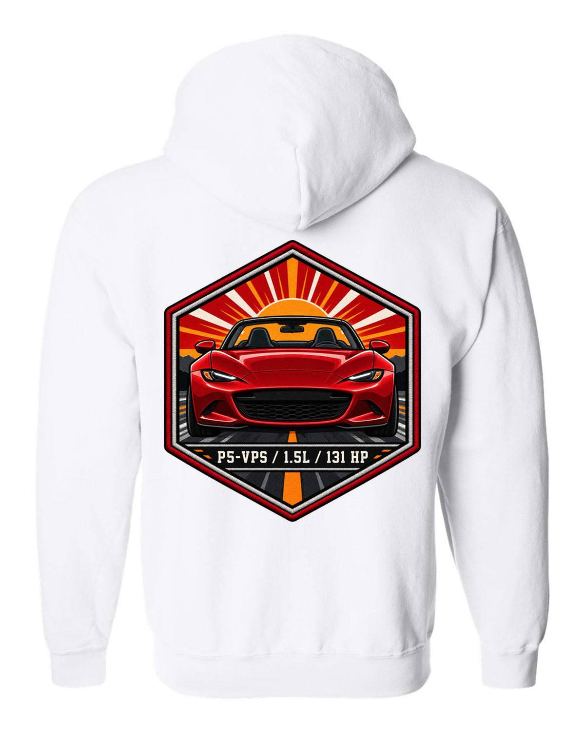 Embroidery-style hex crest of a Mazda MX-5 ND with P5-VPS 1.5L 131 HP text white zip hoodie back view with the design
