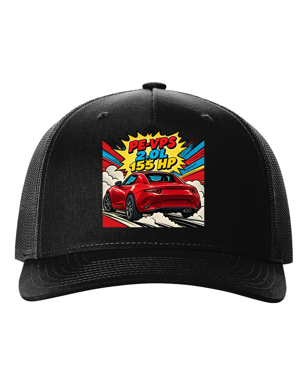 Comic halftone pop art Mazda MX-5 ND RF with PE-VPS 2.0L 155 HP spec line black hat front view with the design