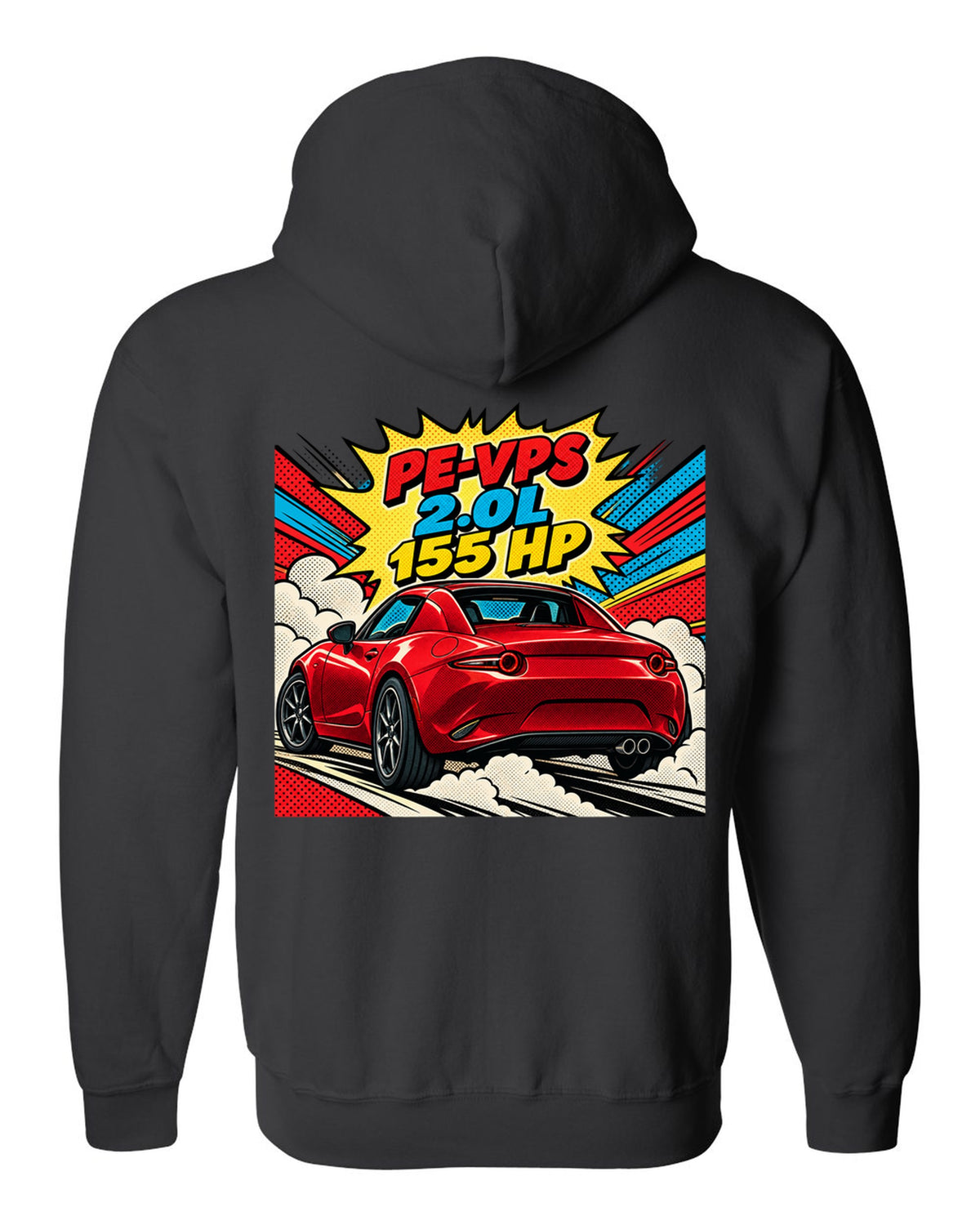 Comic halftone pop art Mazda MX-5 ND RF with PE-VPS 2.0L 155 HP spec line black zip hoodie back view with the design