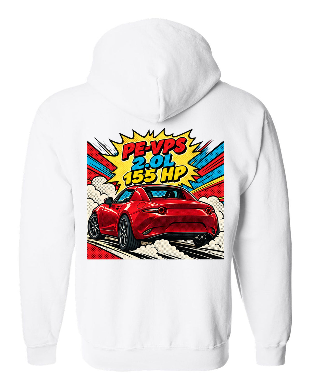 Comic halftone pop art Mazda MX-5 ND RF with PE-VPS 2.0L 155 HP spec line white zip hoodie back view with the design