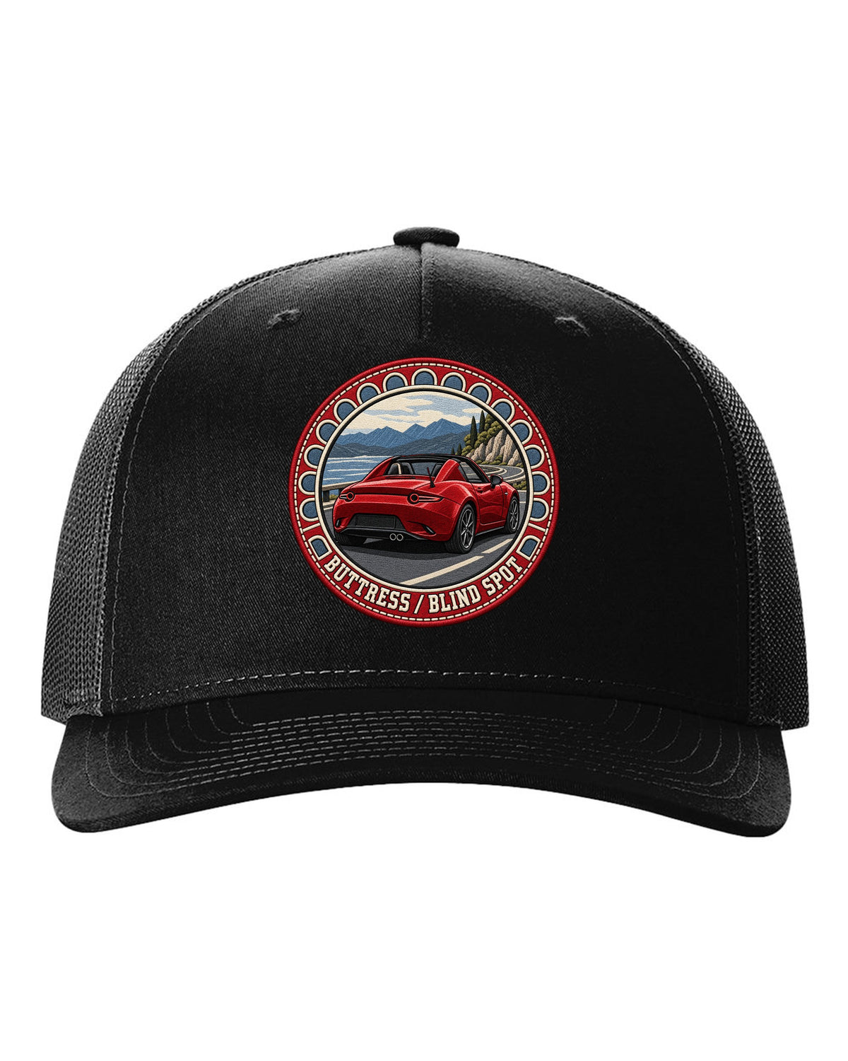 Embroidery-style roundel crest of a Mazda MX-5 ND RF fastback with blind spot text black hat front view with the design