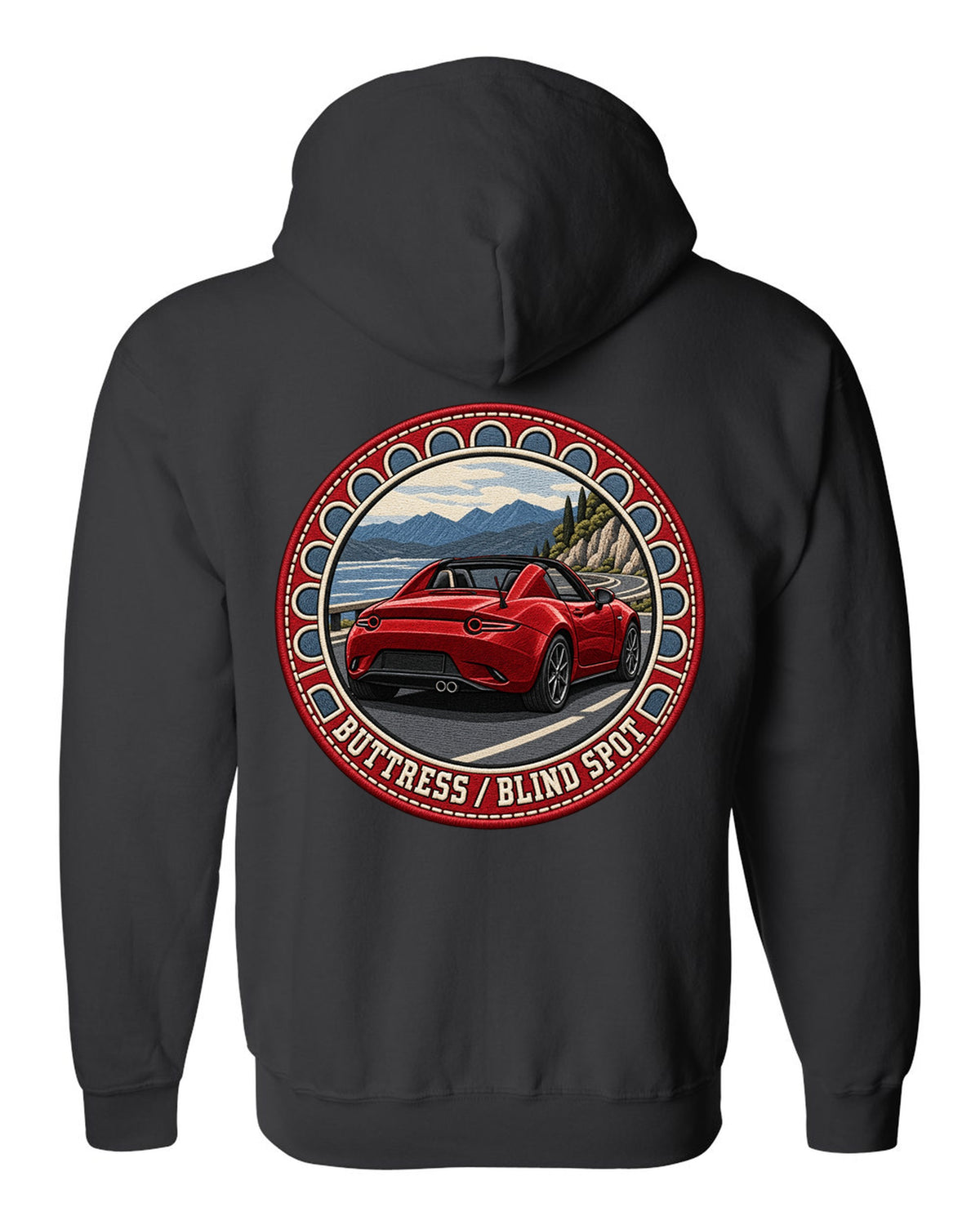Embroidery-style roundel crest of a Mazda MX-5 ND RF fastback with blind spot text black zip hoodie back view with the design