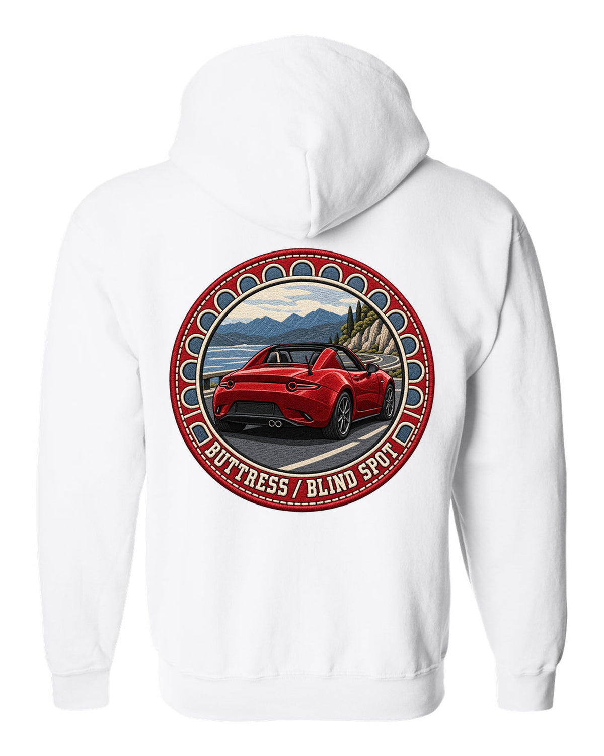 Embroidery-style roundel crest of a Mazda MX-5 ND RF fastback with blind spot text white zip hoodie back view with the design