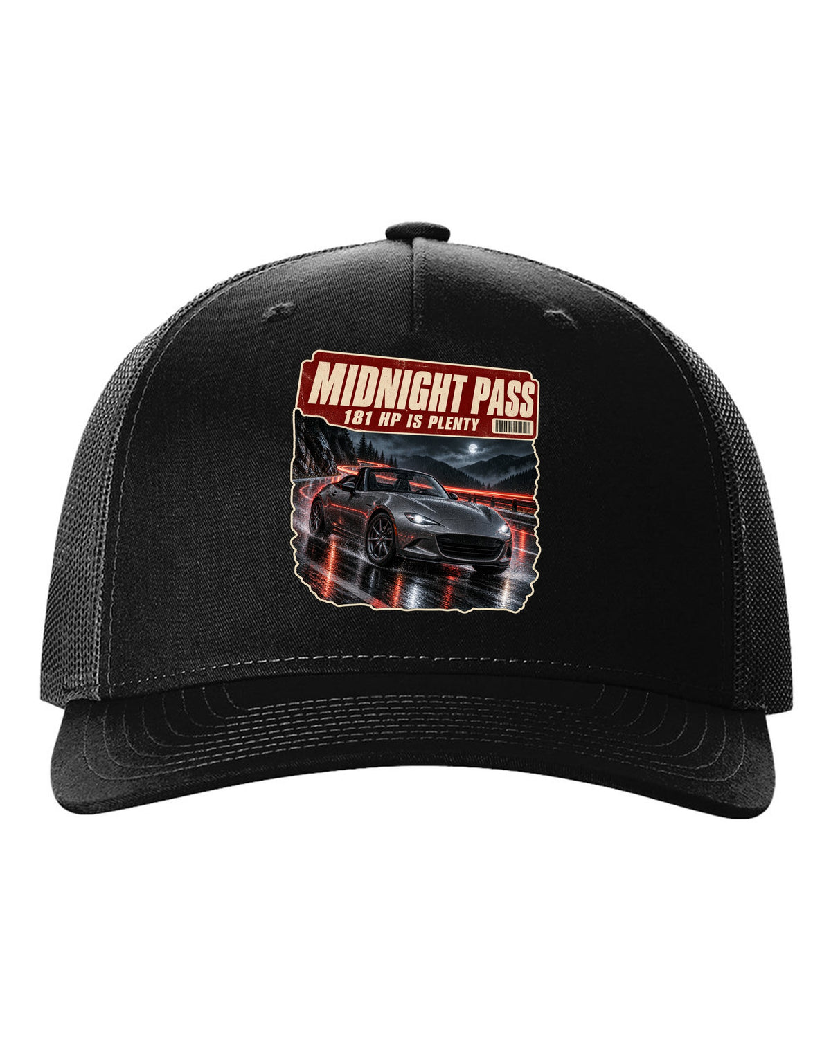 Night mountain pass scene with a 2020 Mazda MX-5 ND RF in Polymetal Grey, poster-style print black hat front view with the design