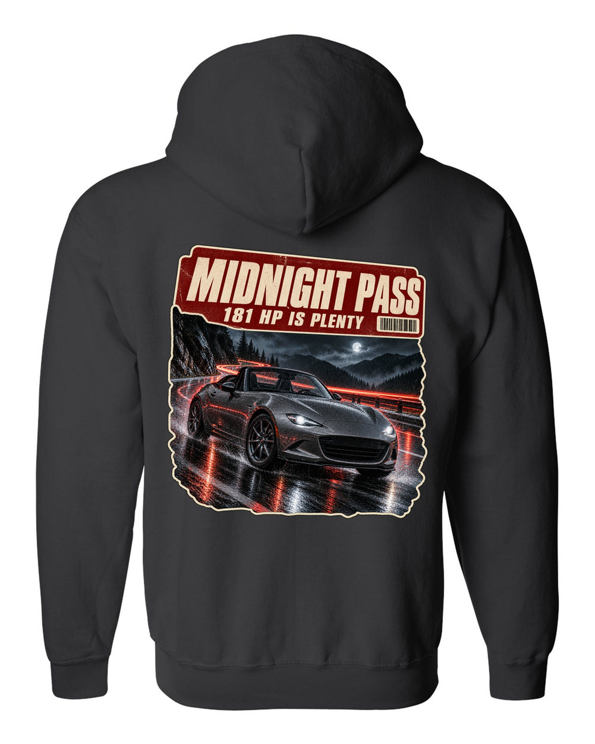 Night mountain pass scene with a 2020 Mazda MX-5 ND RF in Polymetal Grey, poster-style print black zip hoodie back view with the design