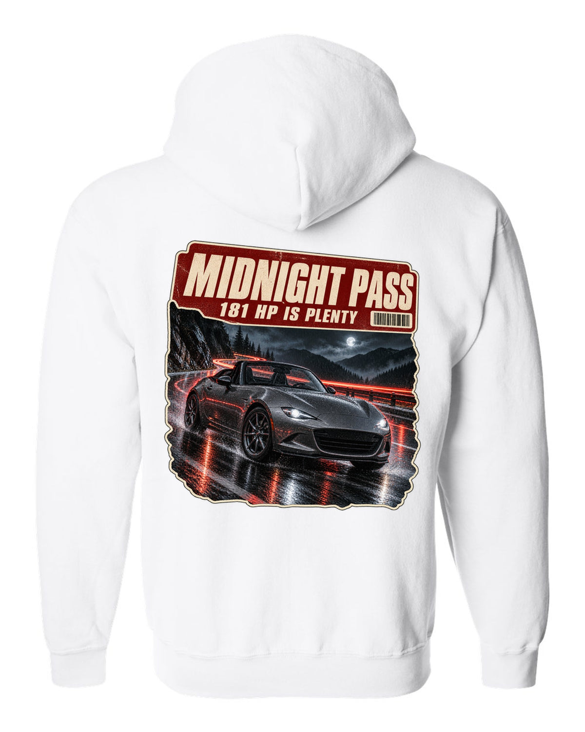 Night mountain pass scene with a 2020 Mazda MX-5 ND RF in Polymetal Grey, poster-style print white zip hoodie back view with the design