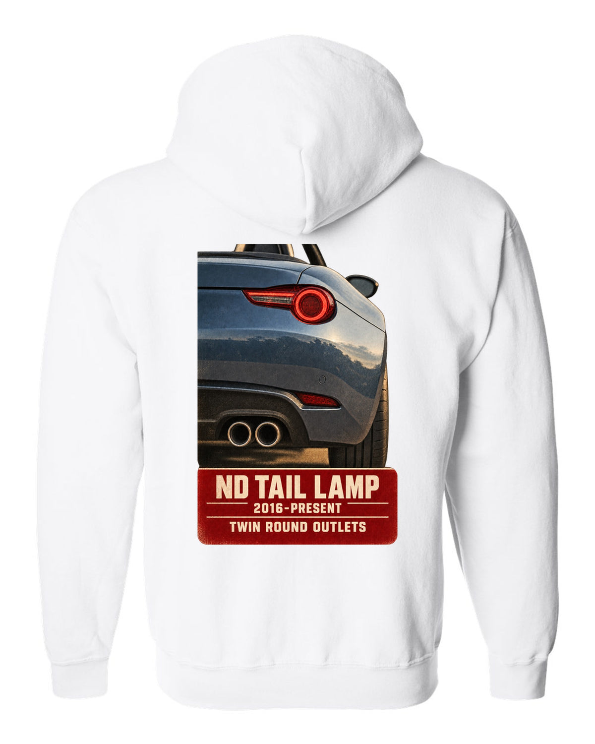 Macro poster-style print of the tail lamp and twin round exhaust outlets on a Mazda MX-5 ND white zip hoodie back view with the design