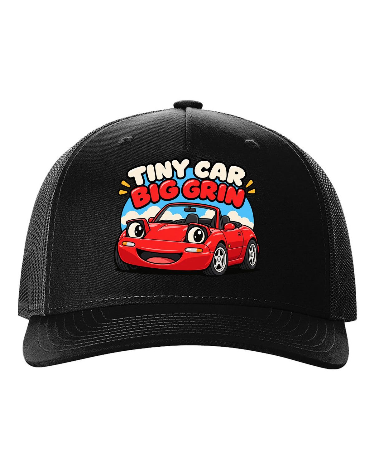 Topographic contour map of a touge road with a Mazda MX-5 ND route black hat front view with the design
