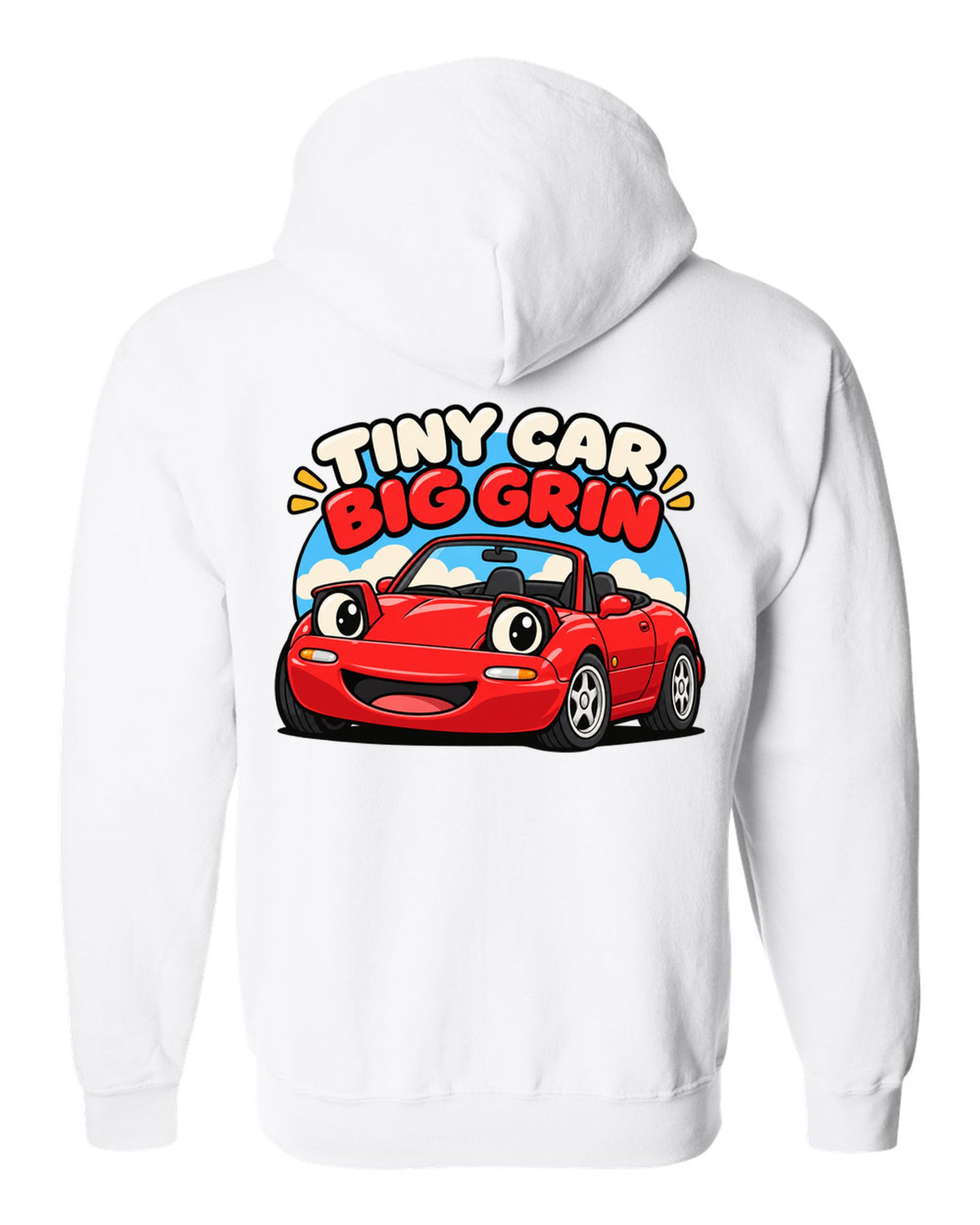 Topographic contour map of a touge road with a Mazda MX-5 ND route white zip hoodie back view with the design
