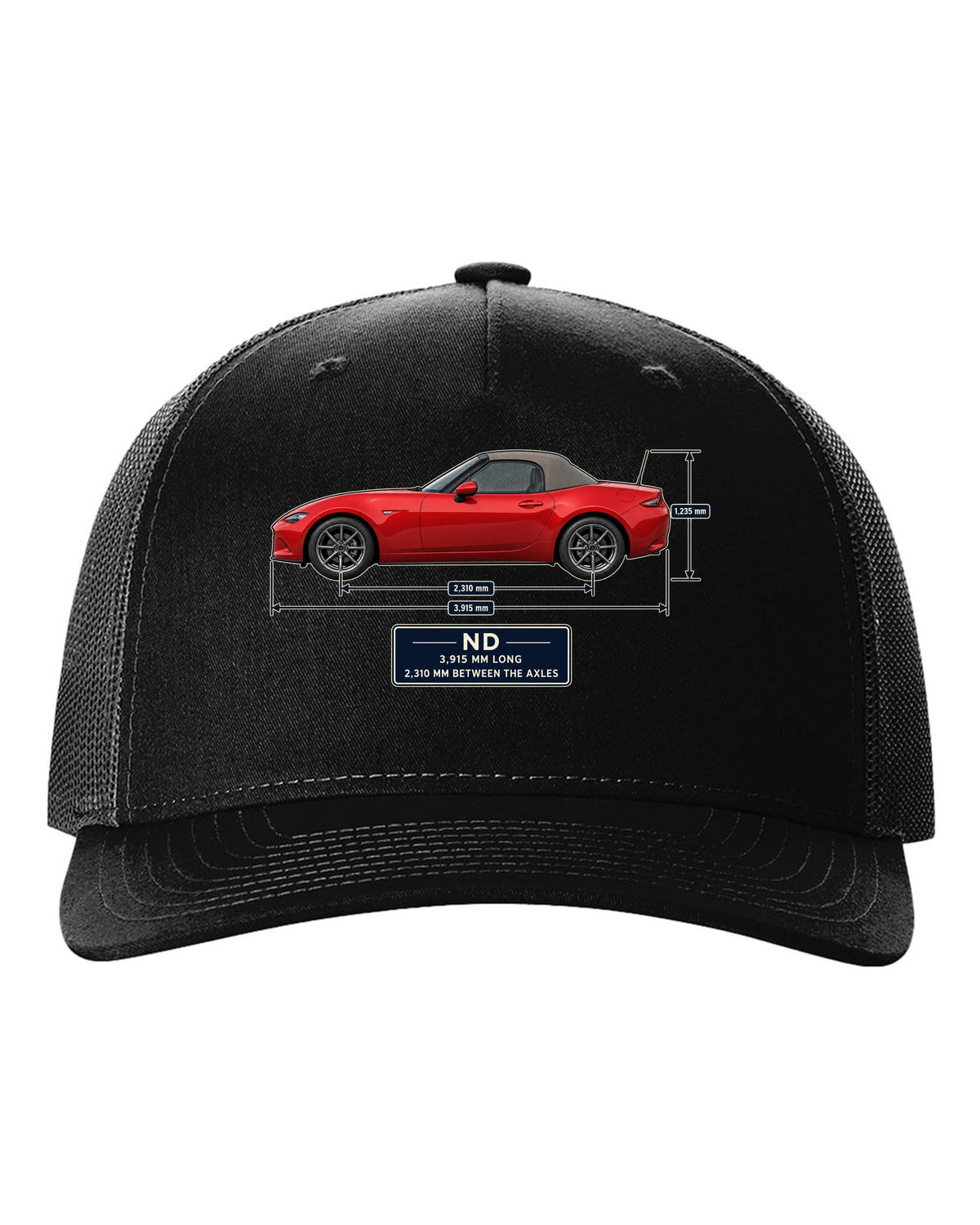 Blueprint-style dimension drawing of a 2016 Mazda MX-5 ND1 soft top in Soul Red black hat front view with the design
