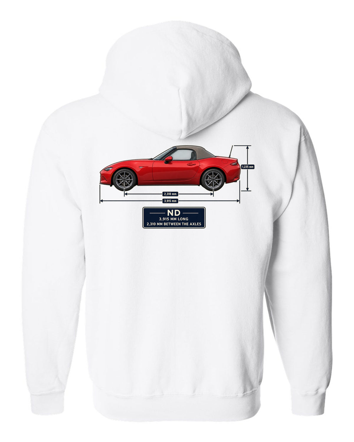 Blueprint-style dimension drawing of a 2016 Mazda MX-5 ND1 soft top in Soul Red white zip hoodie back view with the design