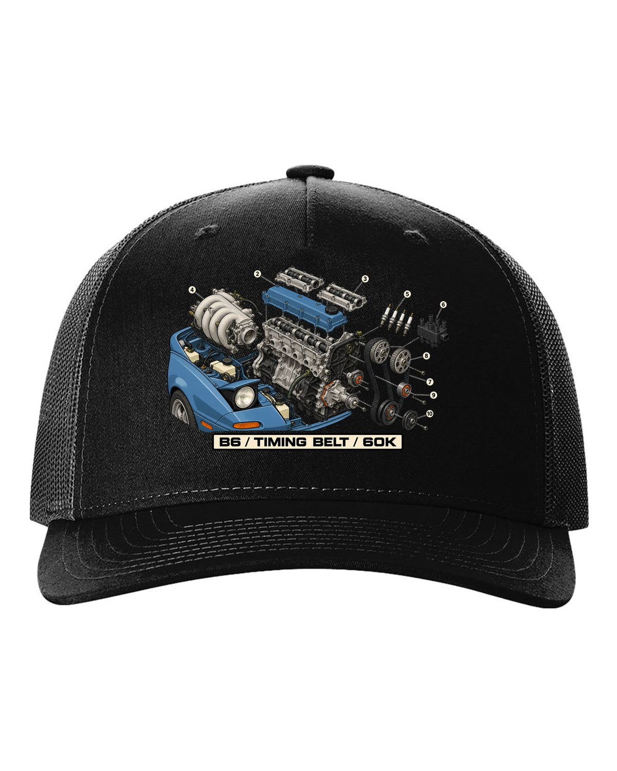Exploded engine diagram print of a Mazda MX-5 NA B6 1.6L with timing belt 60K text black hat front view with the design