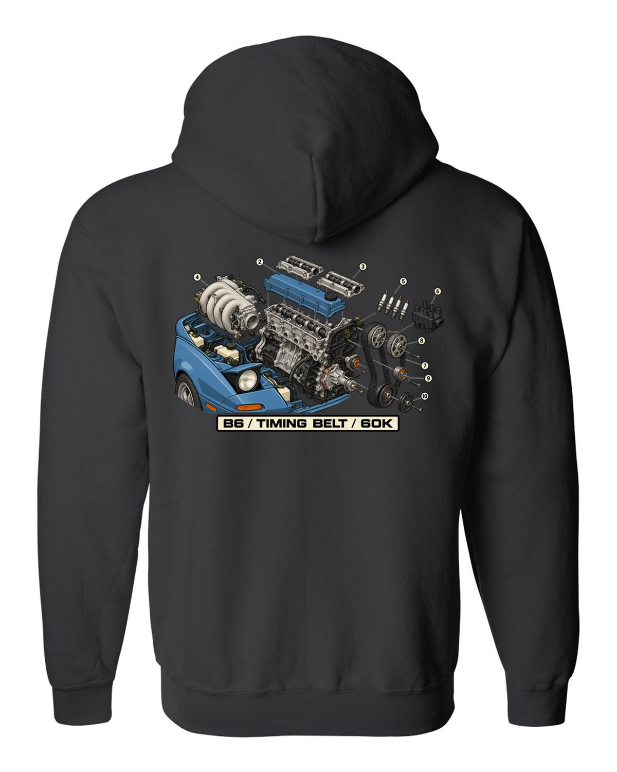 Exploded engine diagram print of a Mazda MX-5 NA B6 1.6L with timing belt 60K text black zip hoodie back view with the design