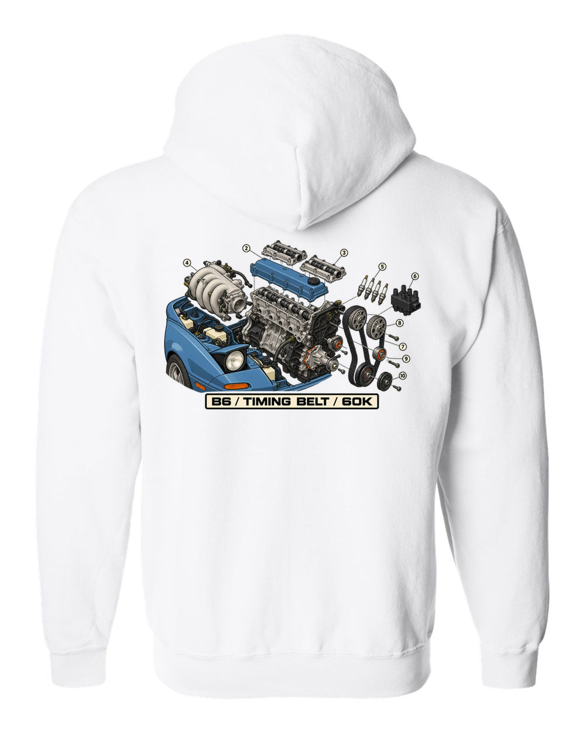 Exploded engine diagram print of a Mazda MX-5 NA B6 1.6L with timing belt 60K text white zip hoodie back view with the design