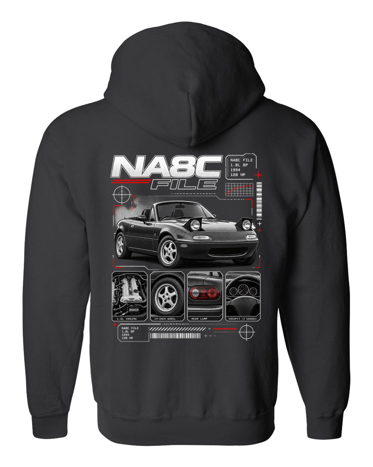 Dossier panel print of a Mazda MX-5 NA Eunos Roadster with NA8C spec lettering black zip hoodie back view with the design