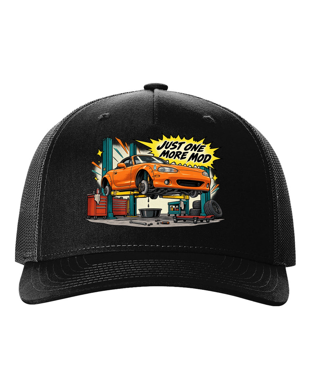 Retro manga halftone panel print of a Mazda MX-5 NB in a workshop with the text Just One More Mod black hat front view with the design