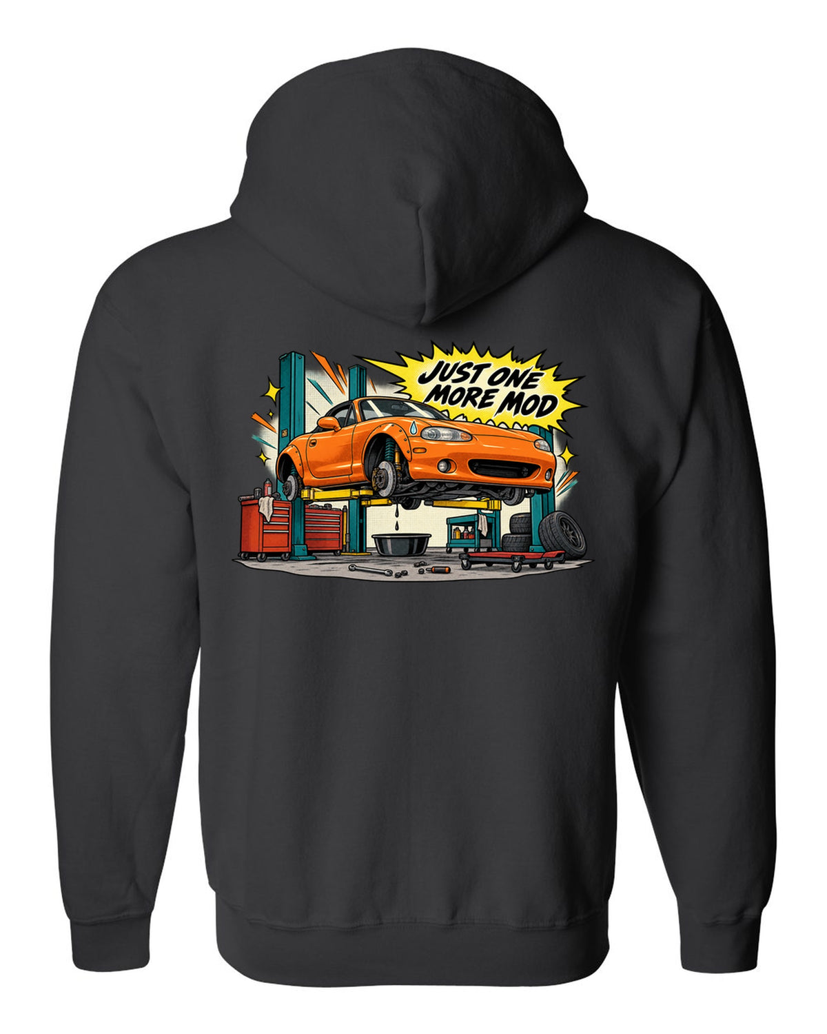 Retro manga halftone panel print of a Mazda MX-5 NB in a workshop with the text Just One More Mod black zip hoodie back view with the design