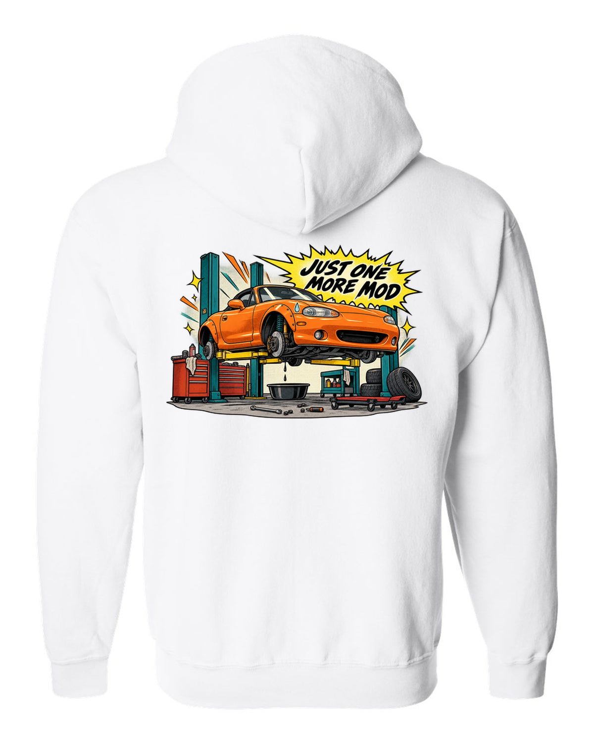 Retro manga halftone panel print of a Mazda MX-5 NB in a workshop with the text Just One More Mod white zip hoodie back view with the design