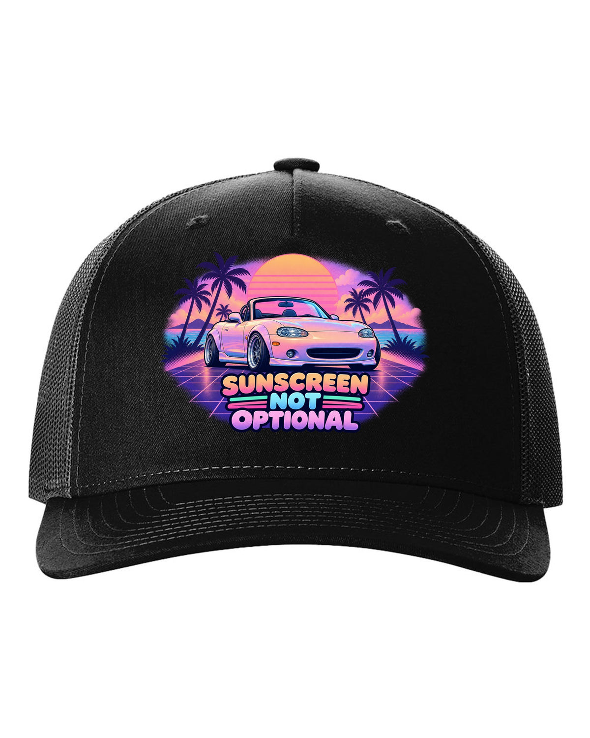 Vaporwave pastel print of a Mazda MX-5 NB Miata with the roof down and the text Sunscreen Not Optional black hat front view with the design