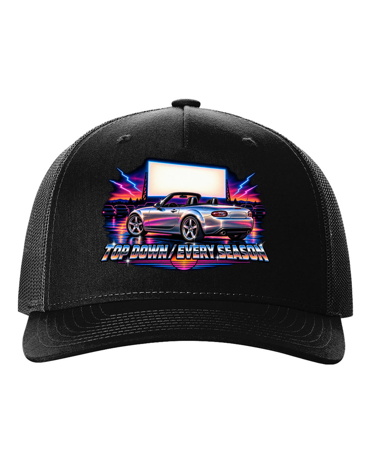 Eighties airbrush chrome print of a Mazda MX-5 NC with the text Top Down Every Season black hat front view with the design