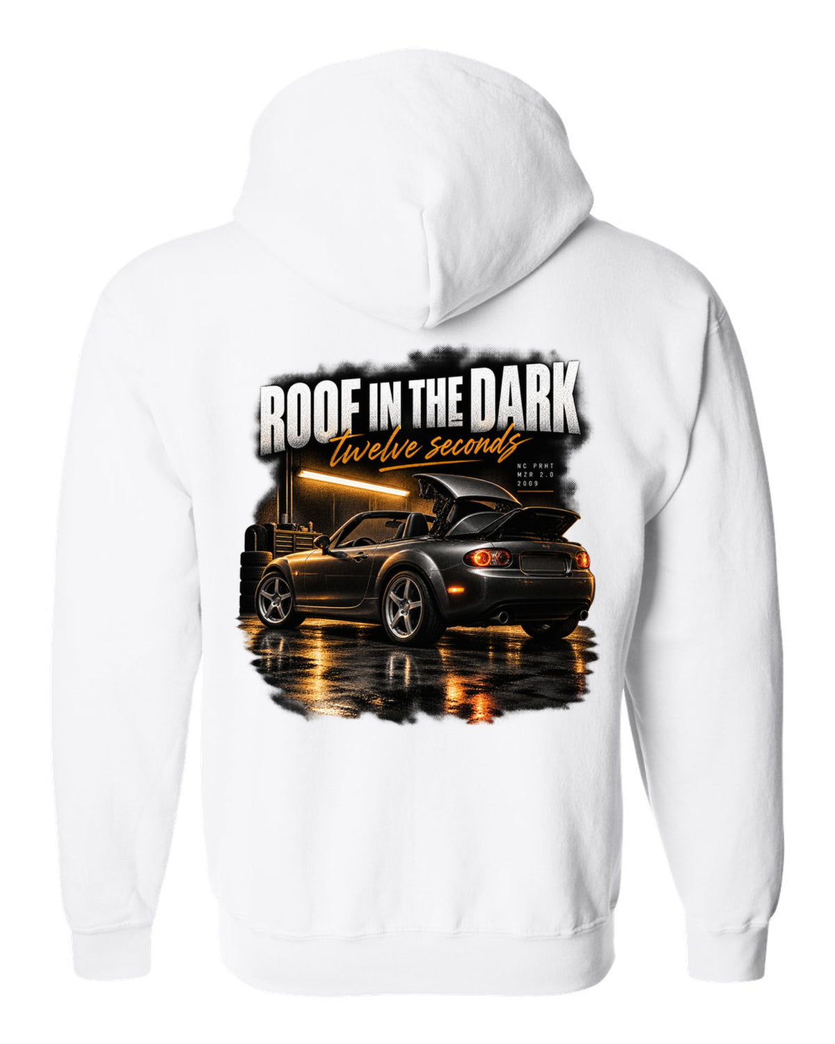 Garage night print of a Mazda MX-5 NC PRHT with the roof folding white zip hoodie back view with the design