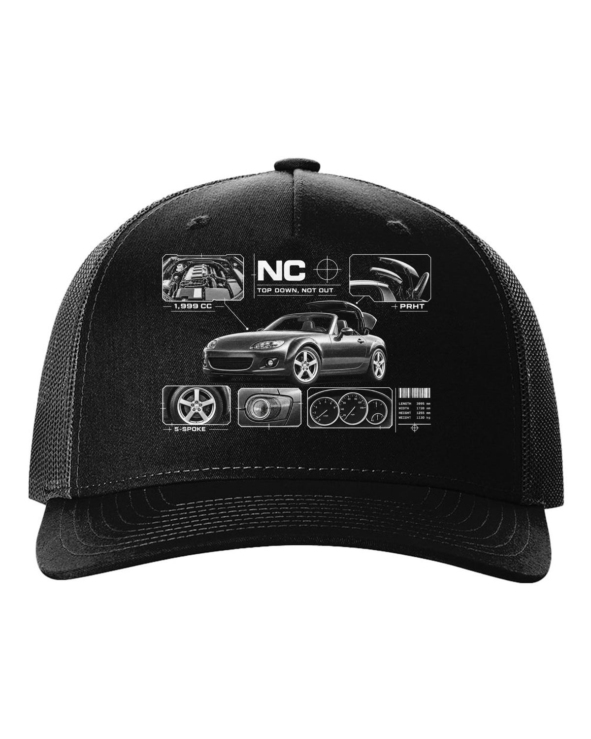 Dossier panel print of a Mazda MX-5 NC PRHT with roof and 1,999 cc lettering black hat front view with the design