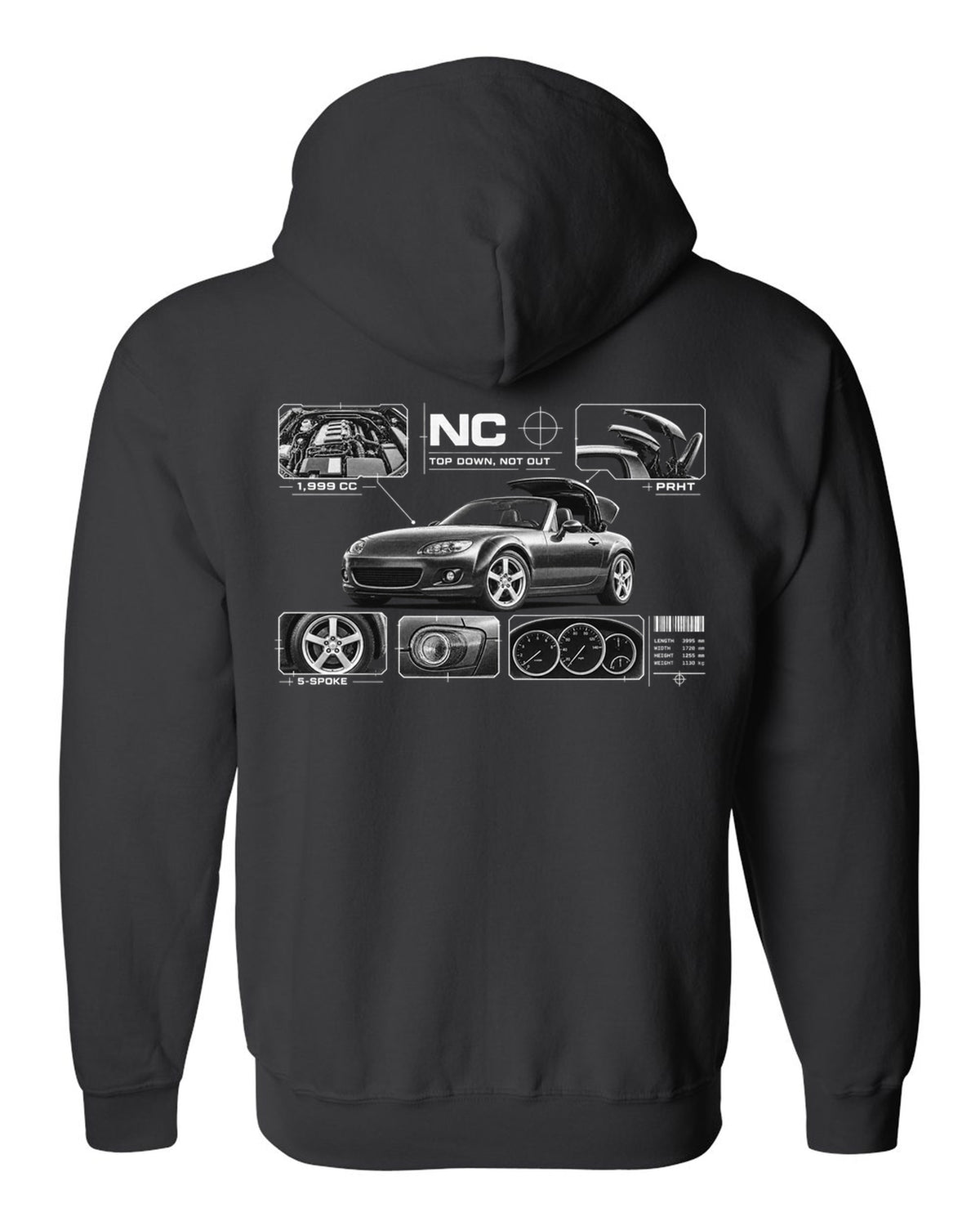 Dossier panel print of a Mazda MX-5 NC PRHT with roof and 1,999 cc lettering black zip hoodie back view with the design