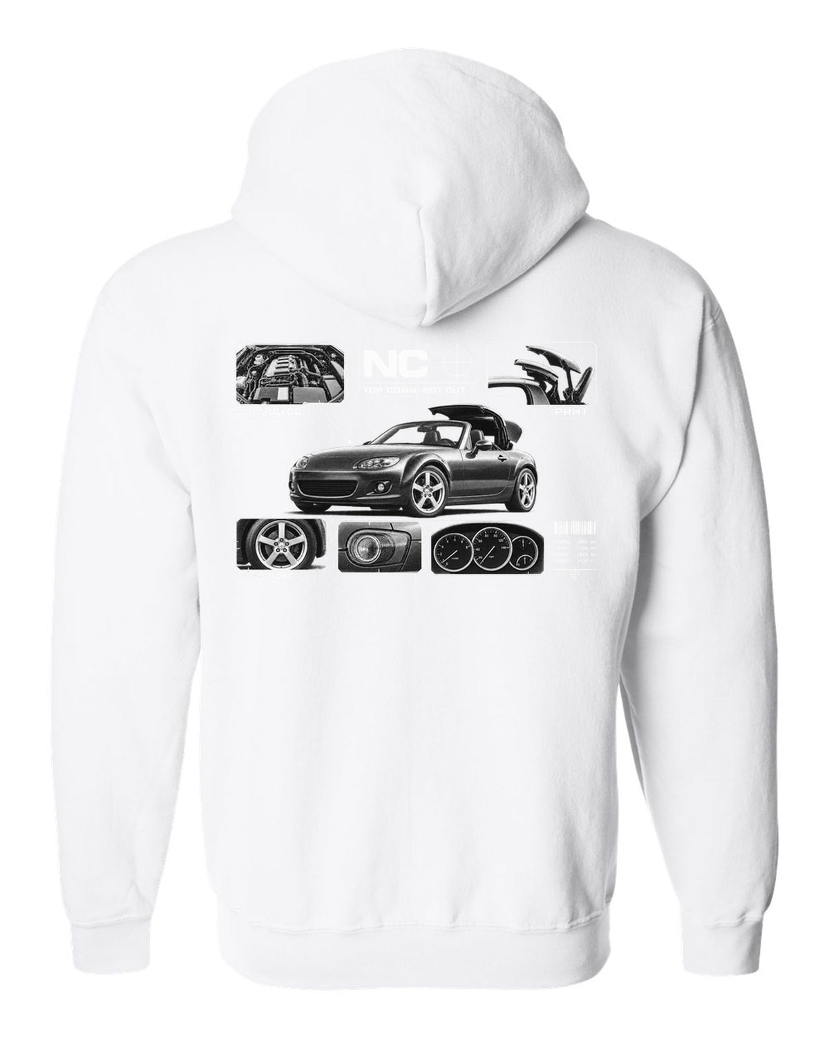Dossier panel print of a Mazda MX-5 NC PRHT with roof and 1,999 cc lettering white zip hoodie back view with the design