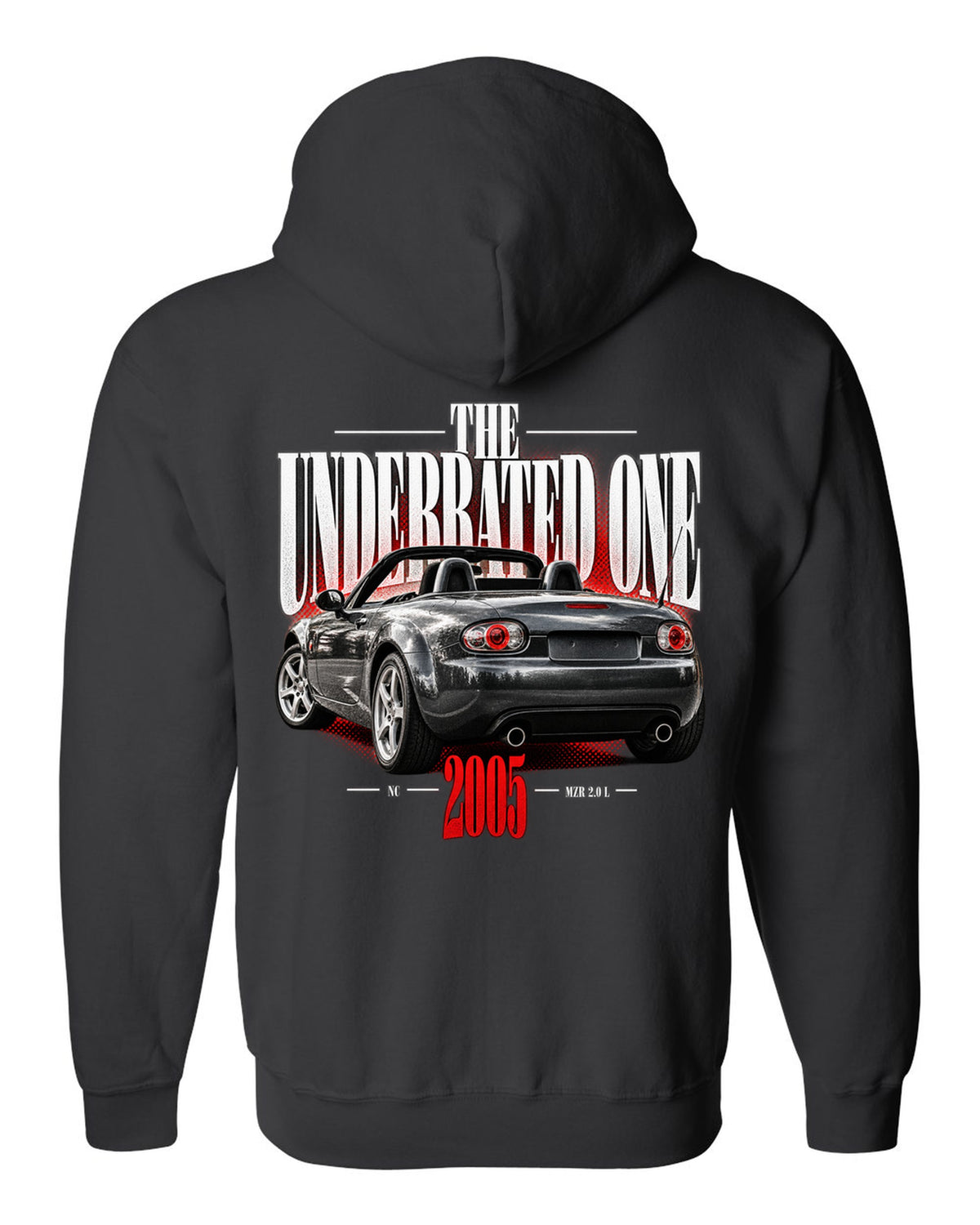 Editorial headline print of a Mazda MX-5 NC with underrated generation lettering black zip hoodie back view with the design