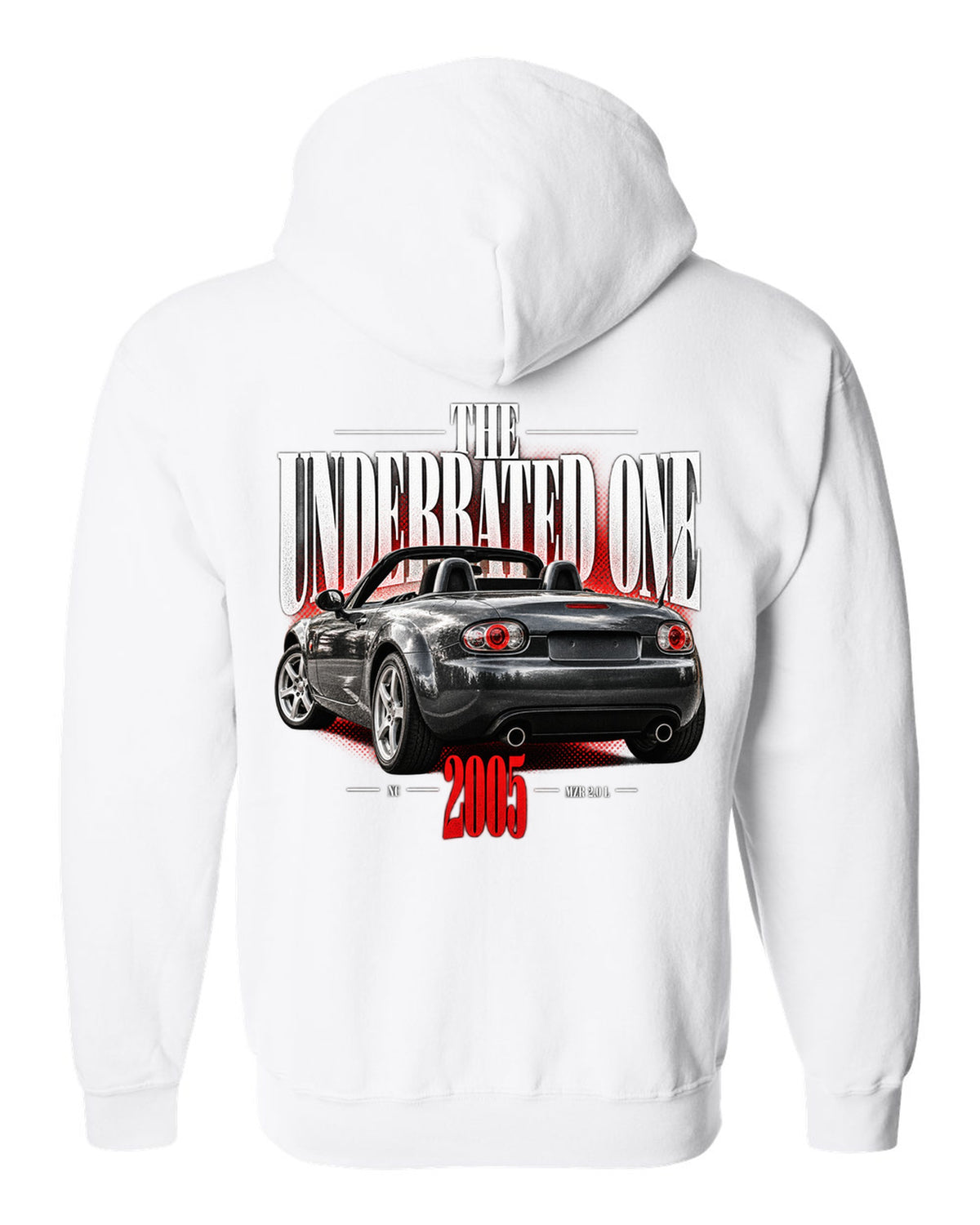 Editorial headline print of a Mazda MX-5 NC with underrated generation lettering white zip hoodie back view with the design