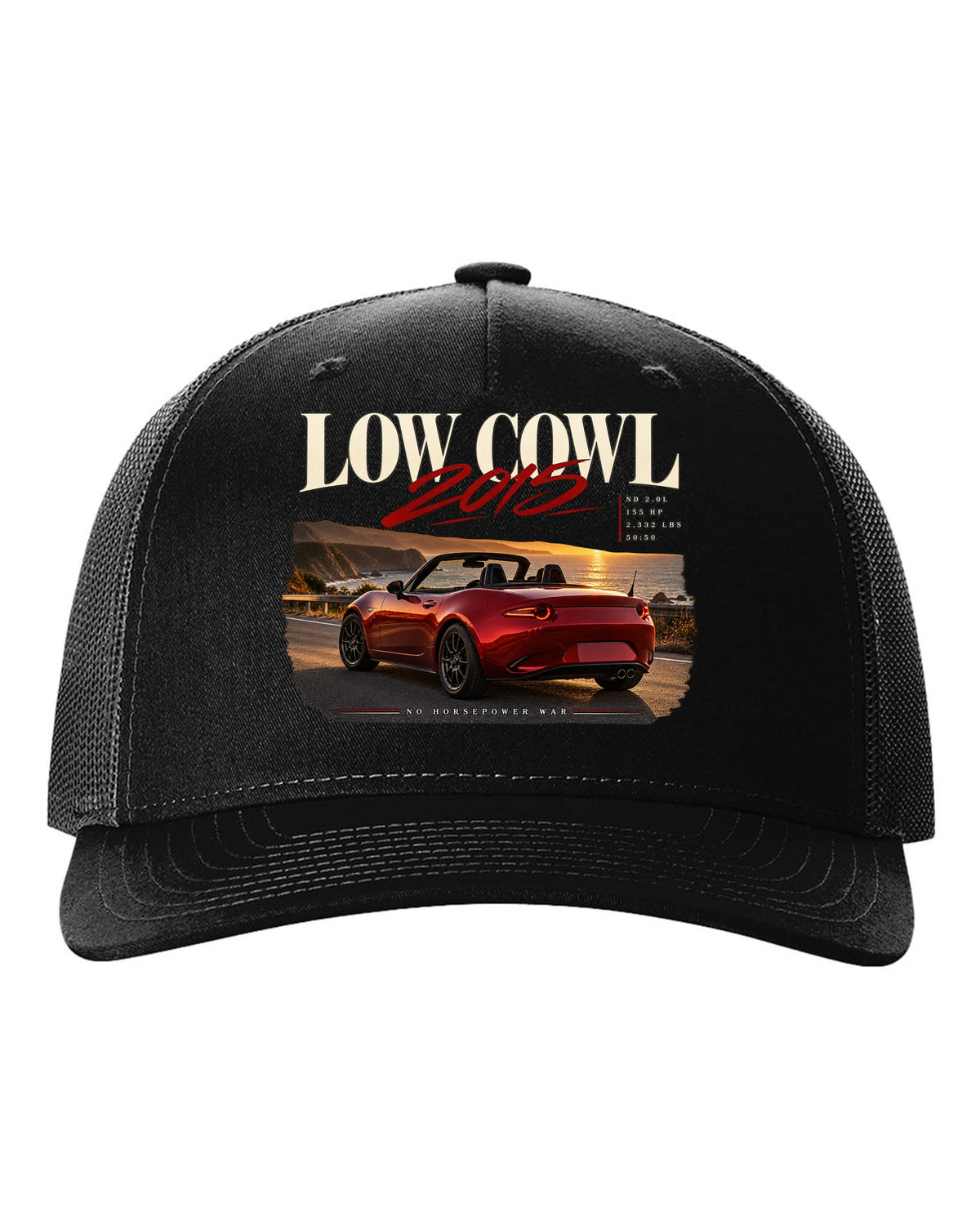 Editorial headline print of a red Mazda MX-5 ND roadster with low cowl text black hat front view with the design