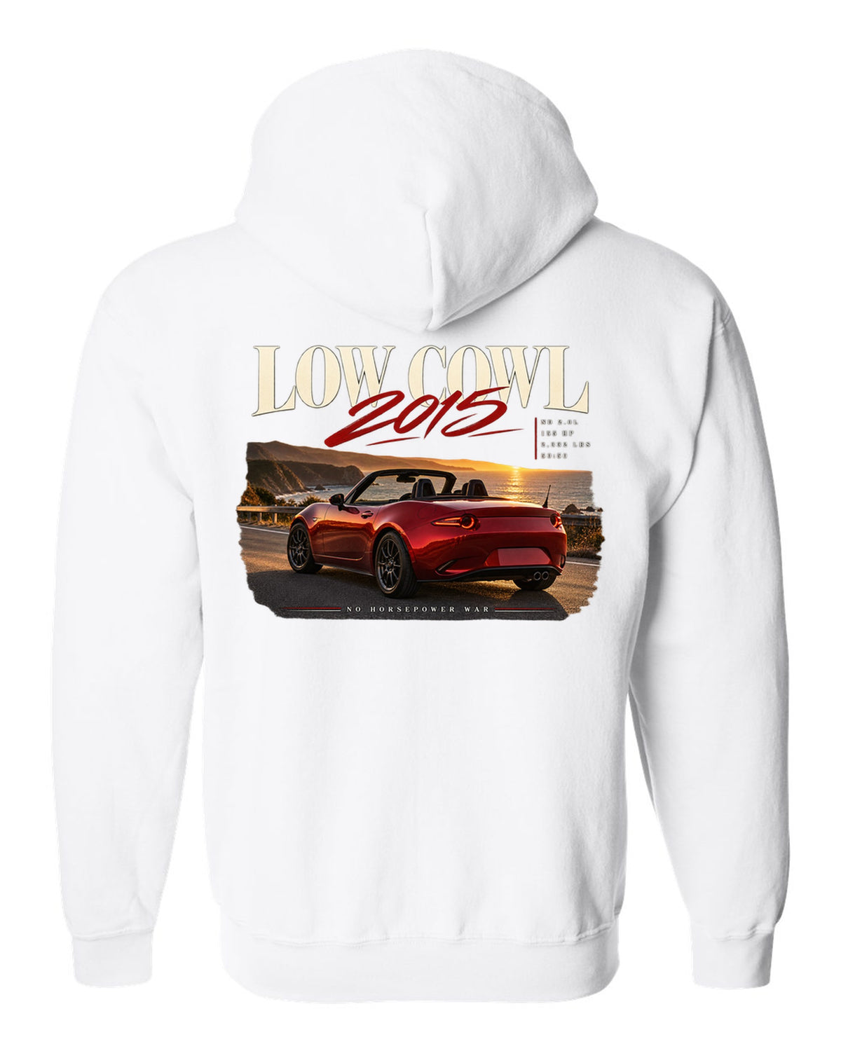 Editorial headline print of a red Mazda MX-5 ND roadster with low cowl text white zip hoodie back view with the design