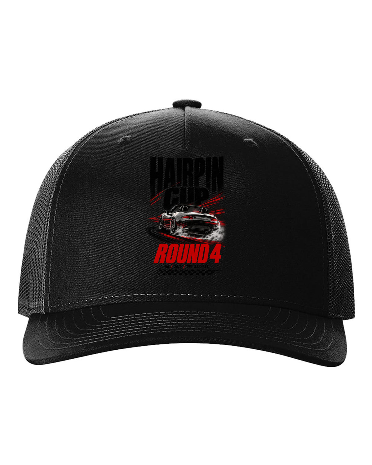 Race poster print of a Mazda MX-5 ND for the Hairpin Cup round 4 black hat front view with the design
