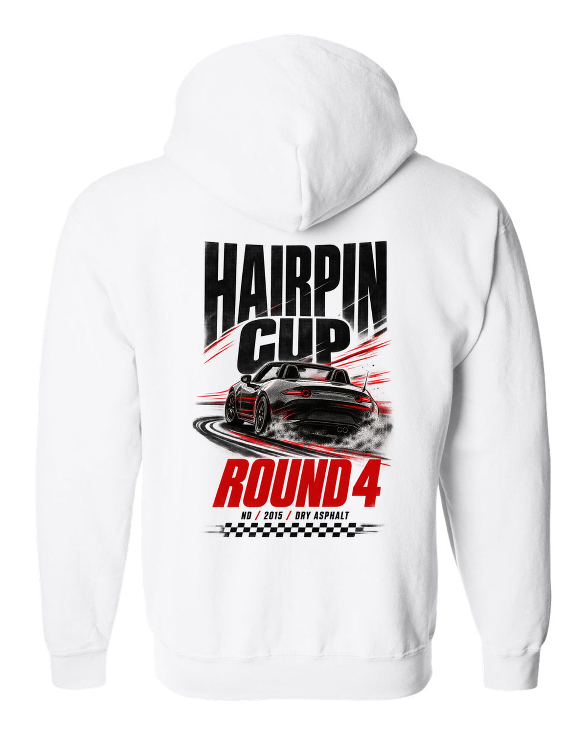 Race poster print of a Mazda MX-5 ND for the Hairpin Cup round 4 white zip hoodie back view with the design