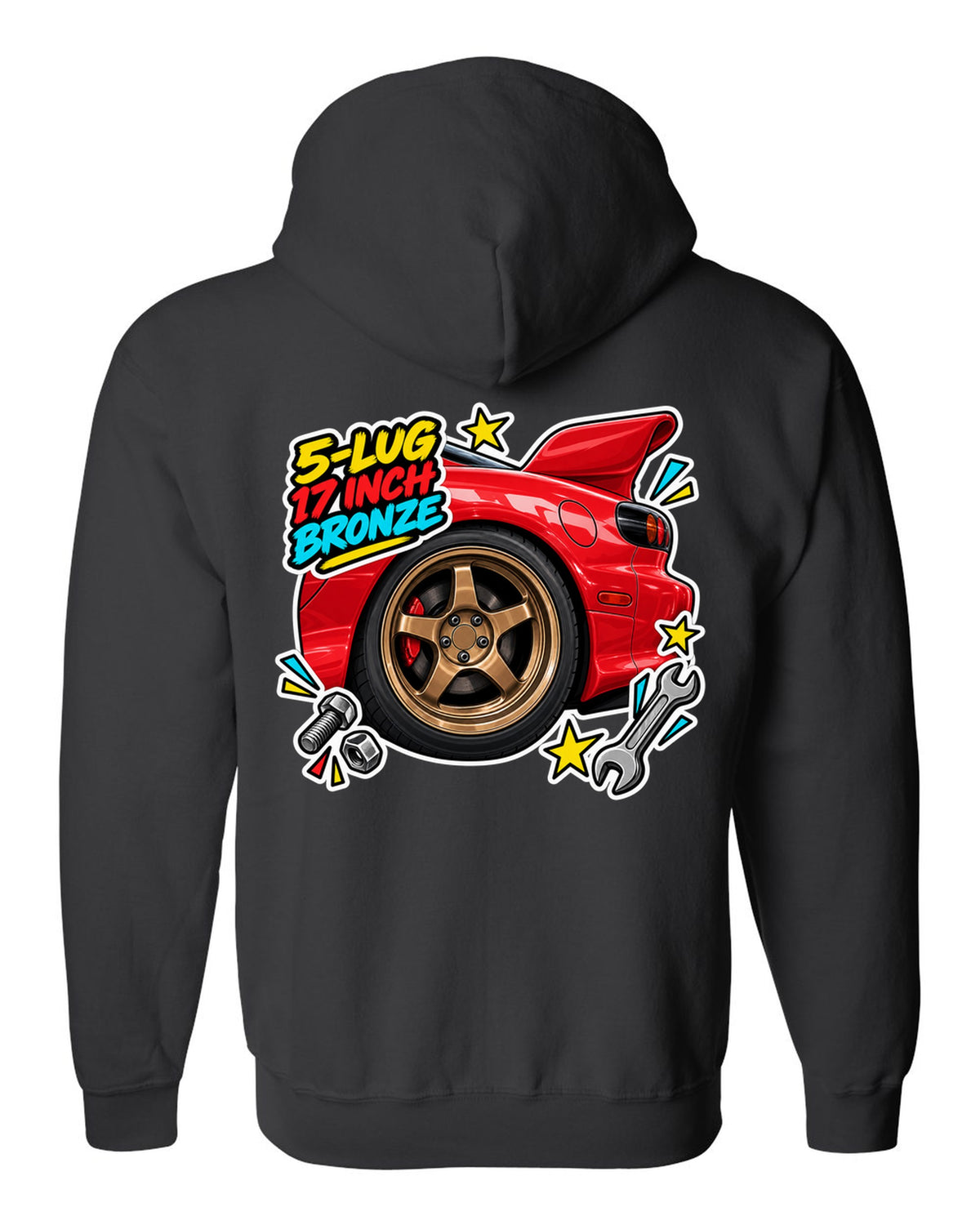 Watercolour wet road night print of a Mazda MX-5 ND RF with the text Roof Folds in 13 Seconds black zip hoodie back view with the design