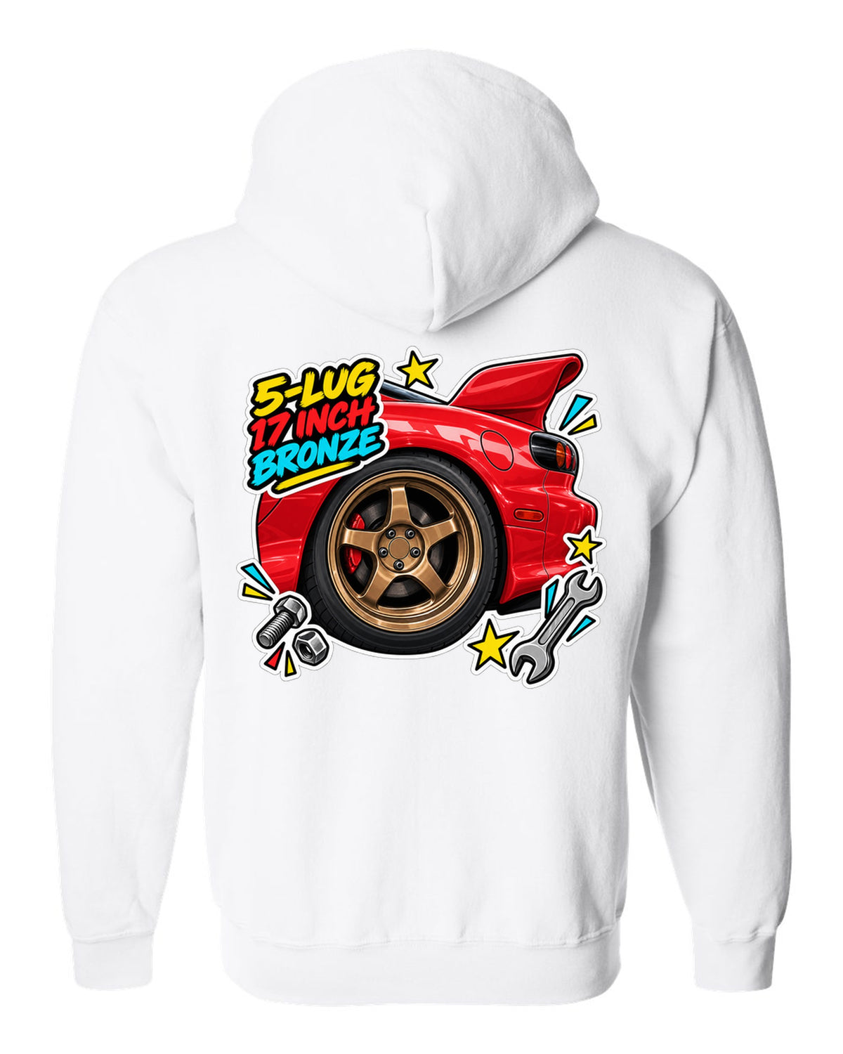 Watercolour wet road night print of a Mazda MX-5 ND RF with the text Roof Folds in 13 Seconds white zip hoodie back view with the design
