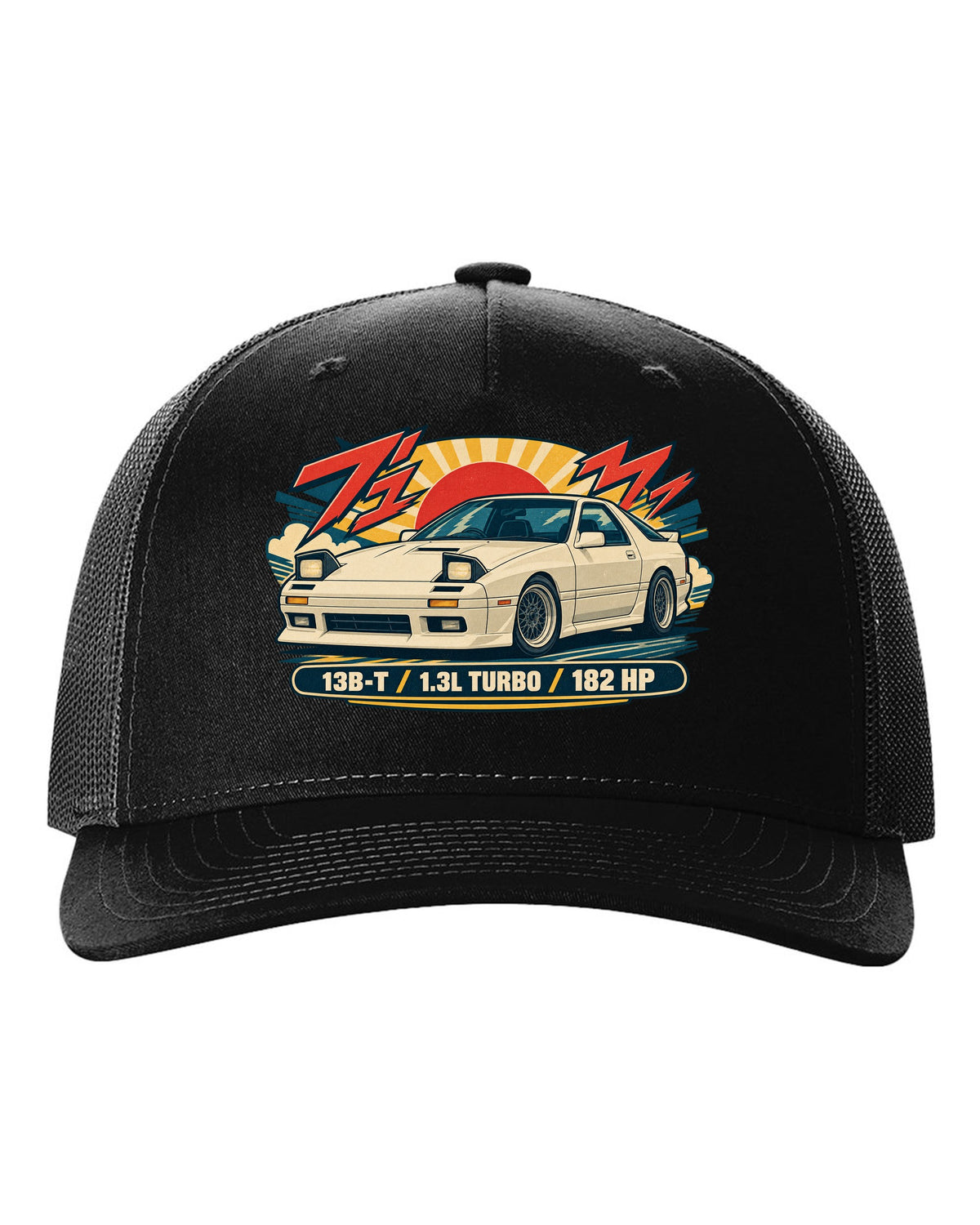Risograph style overhead print of a Mazda MX-5 ND with the text ND 50:50 black hat front view with the design