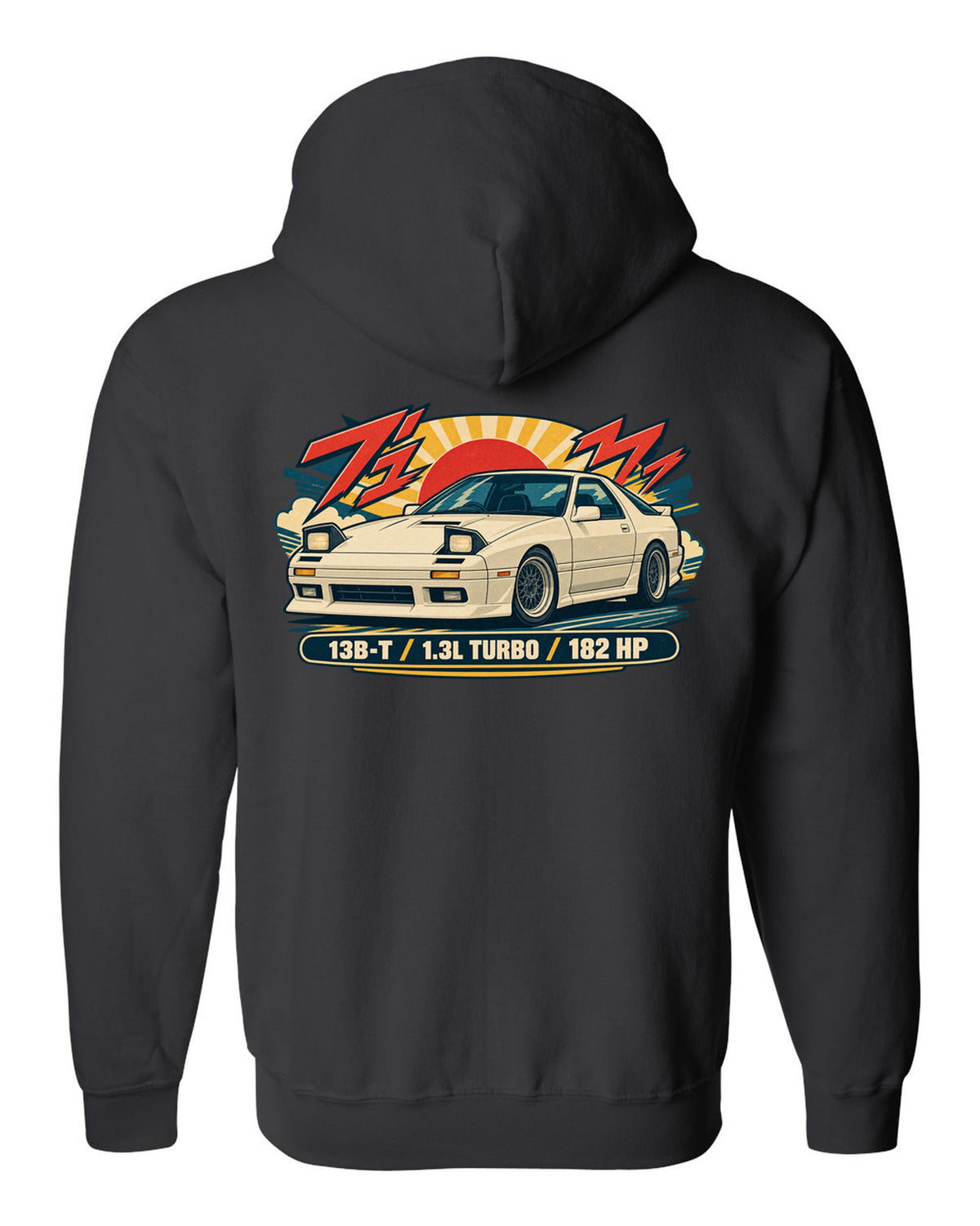 Risograph style overhead print of a Mazda MX-5 ND with the text ND 50:50 black zip hoodie back view with the design