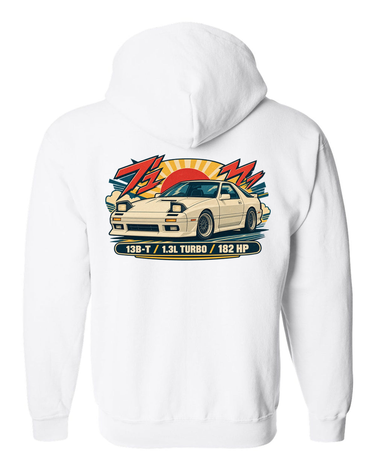 Risograph style overhead print of a Mazda MX-5 ND with the text ND 50:50 white zip hoodie back view with the design