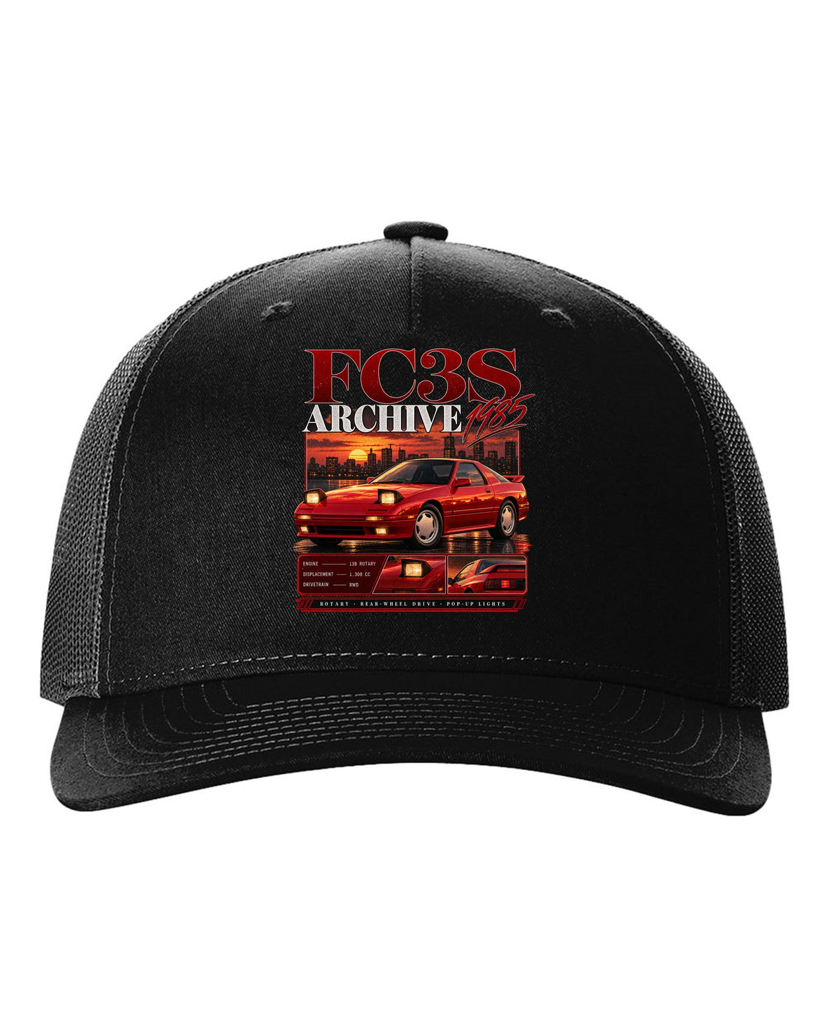 Archive panel print of a Mazda RX-7 FC3S with 13B rotary specs black hat front view with the design
