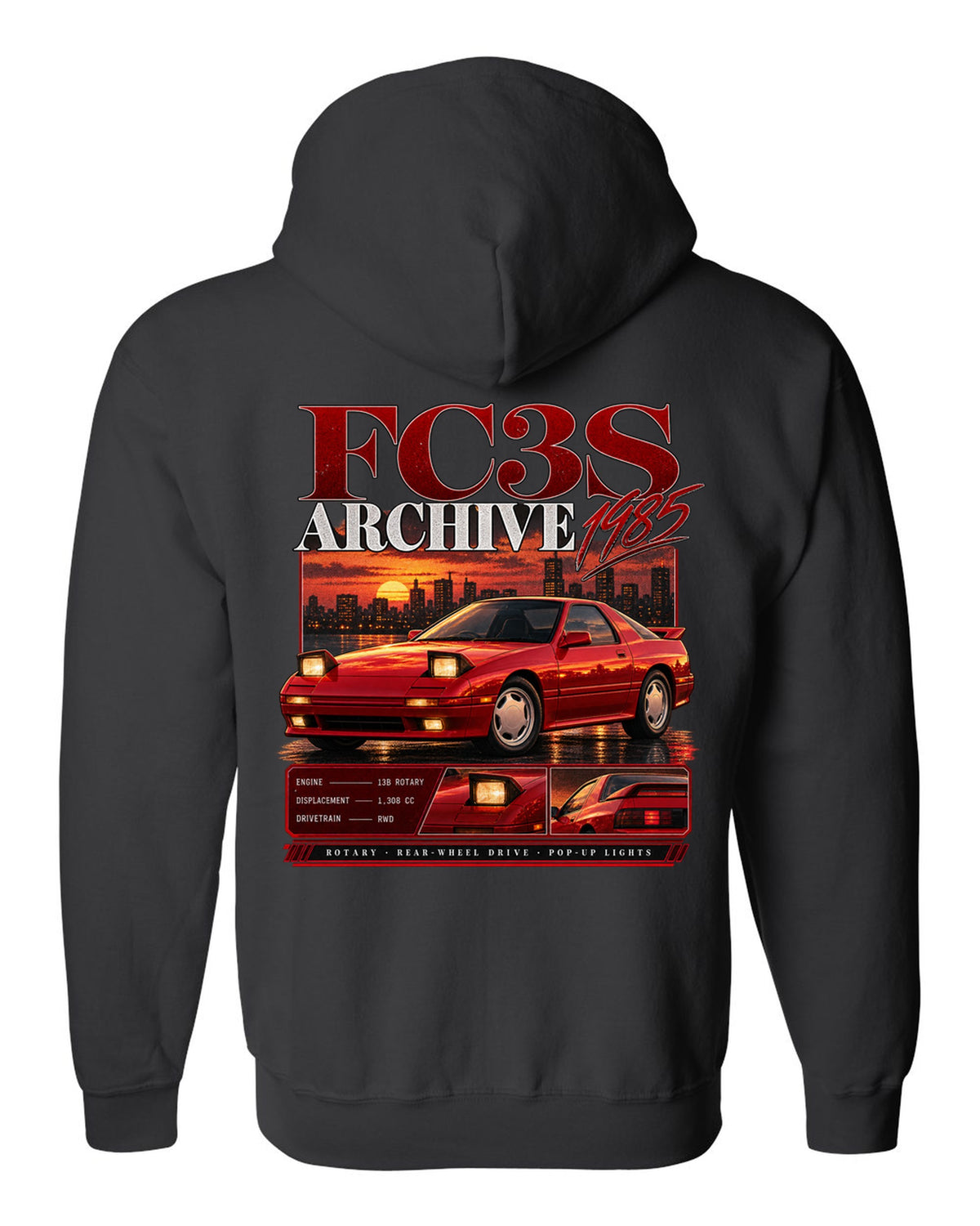 Archive panel print of a Mazda RX-7 FC3S with 13B rotary specs black zip hoodie back view with the design