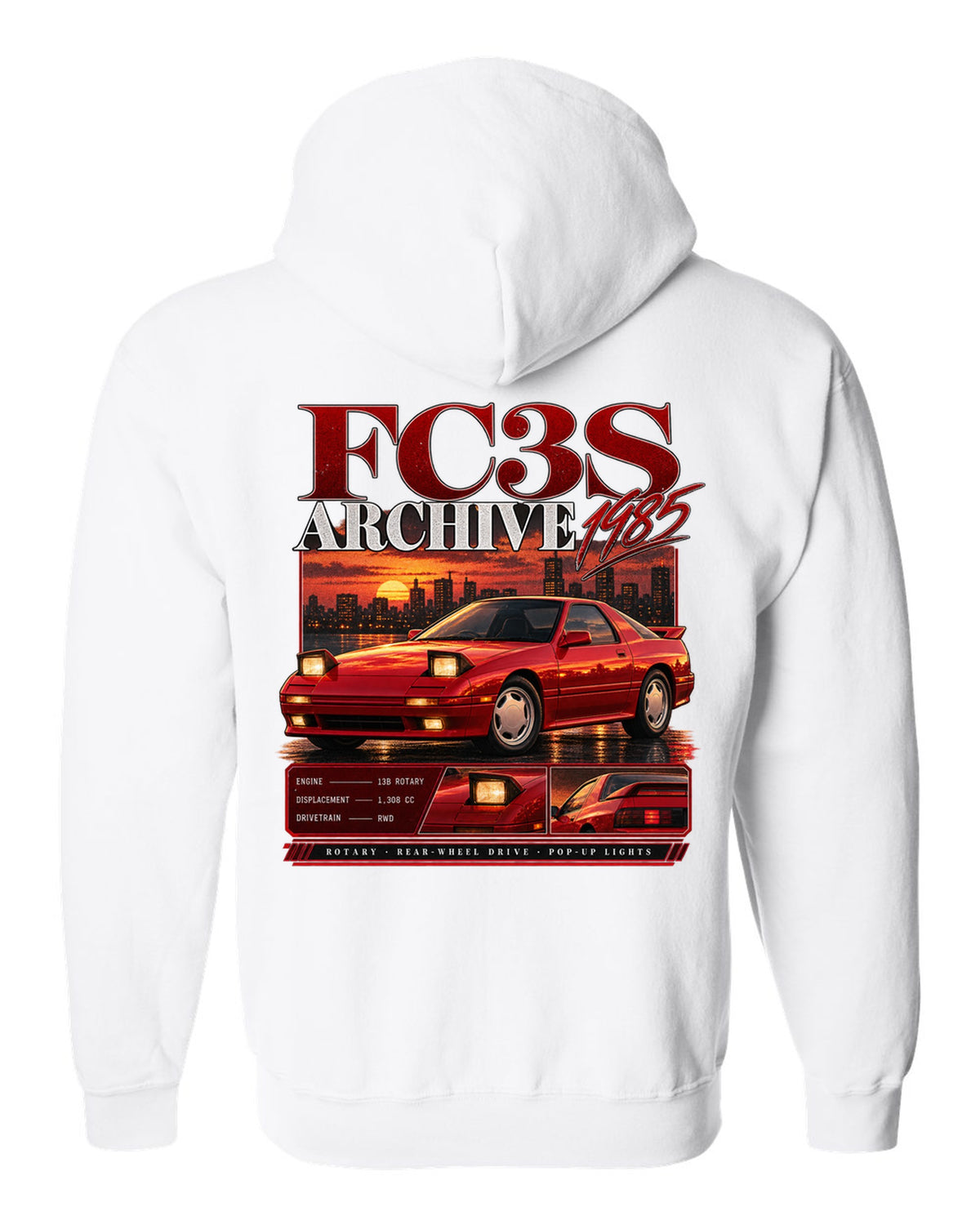 Archive panel print of a Mazda RX-7 FC3S with 13B rotary specs white zip hoodie back view with the design