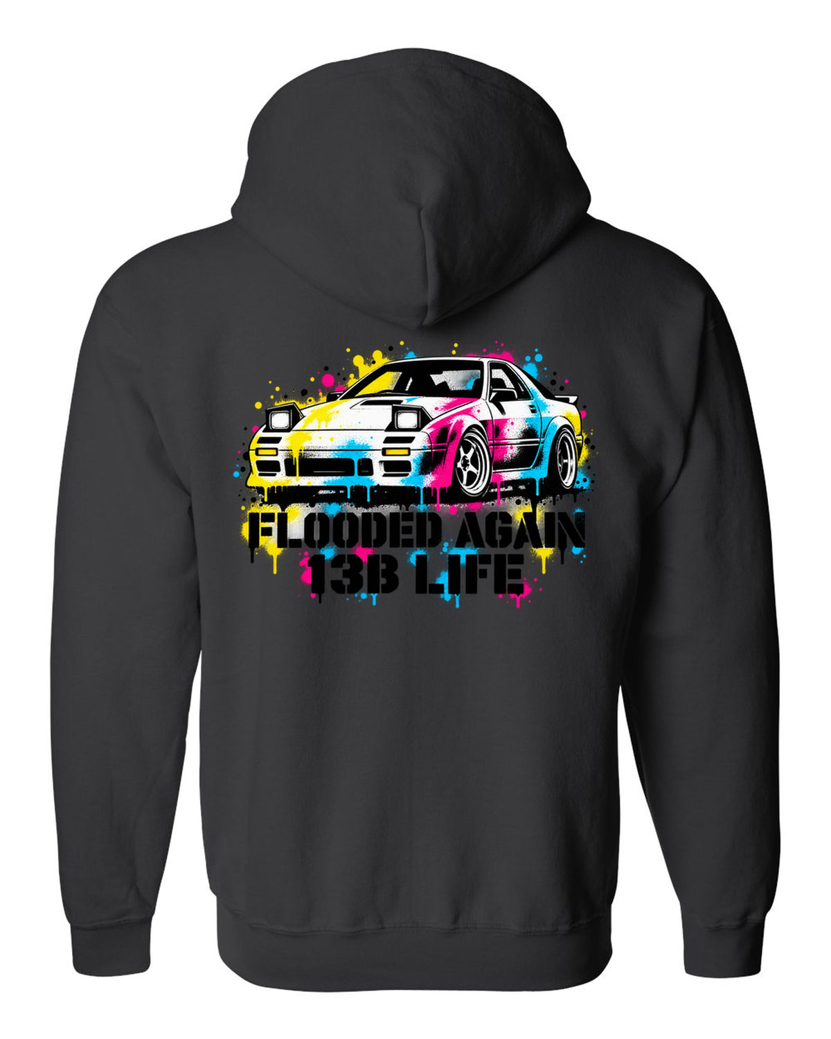 Stencil spray street art print for the Mazda RX-7 FC3S with flooded again 13B life lettering black zip hoodie back view with the design