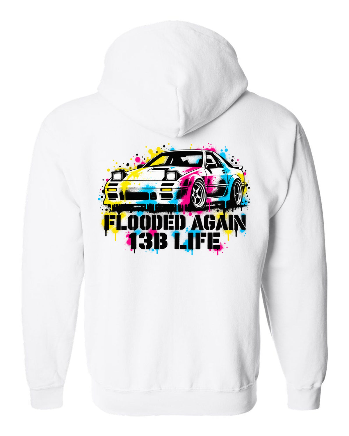 Stencil spray street art print for the Mazda RX-7 FC3S with flooded again 13B life lettering white zip hoodie back view with the design