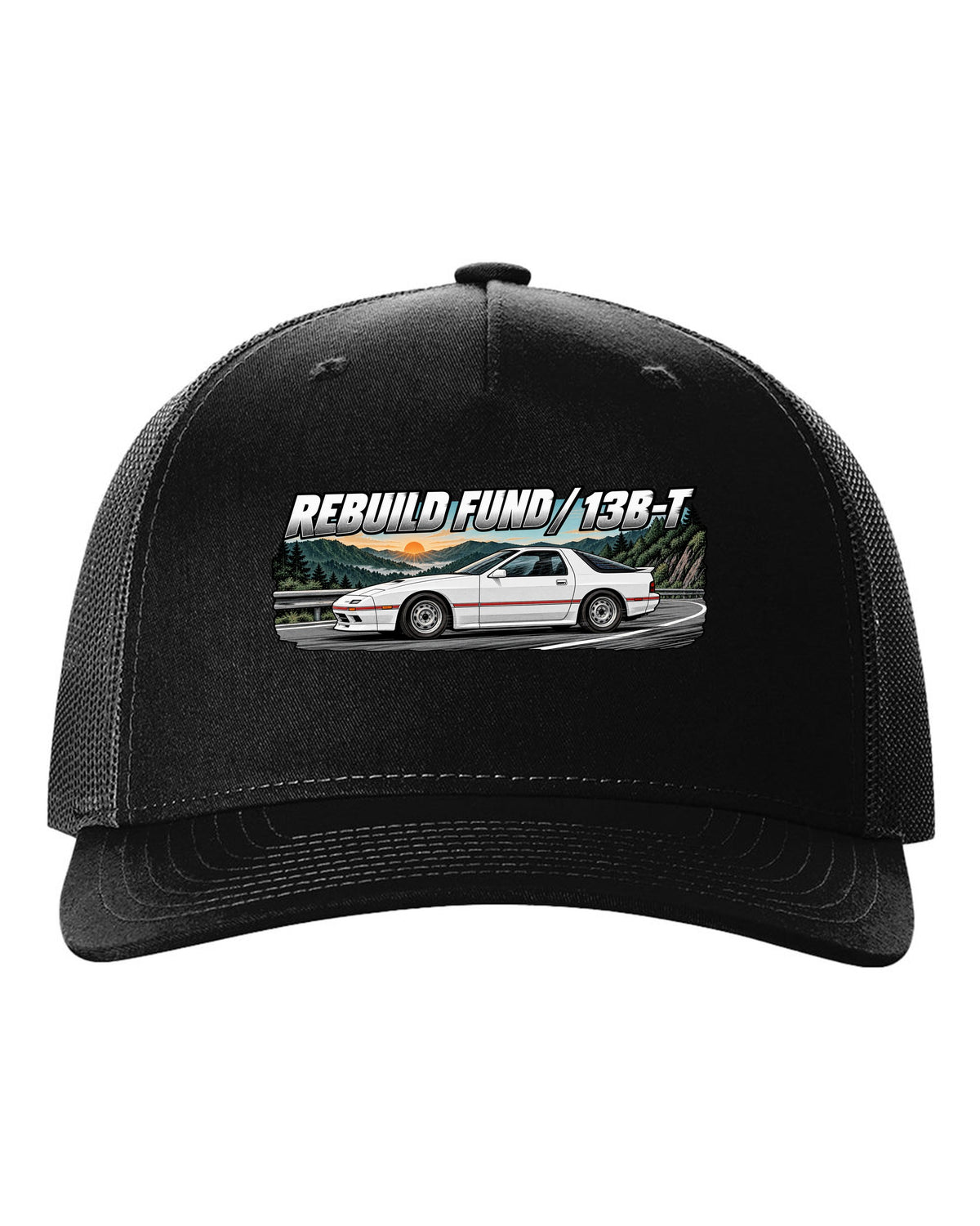 Retro manga ink and screentone illustration of a Mazda RX-7 FC3S black hat front view with the design