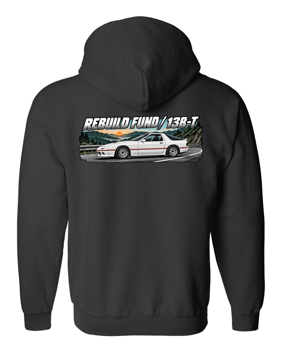 Retro manga ink and screentone illustration of a Mazda RX-7 FC3S black zip hoodie back view with the design